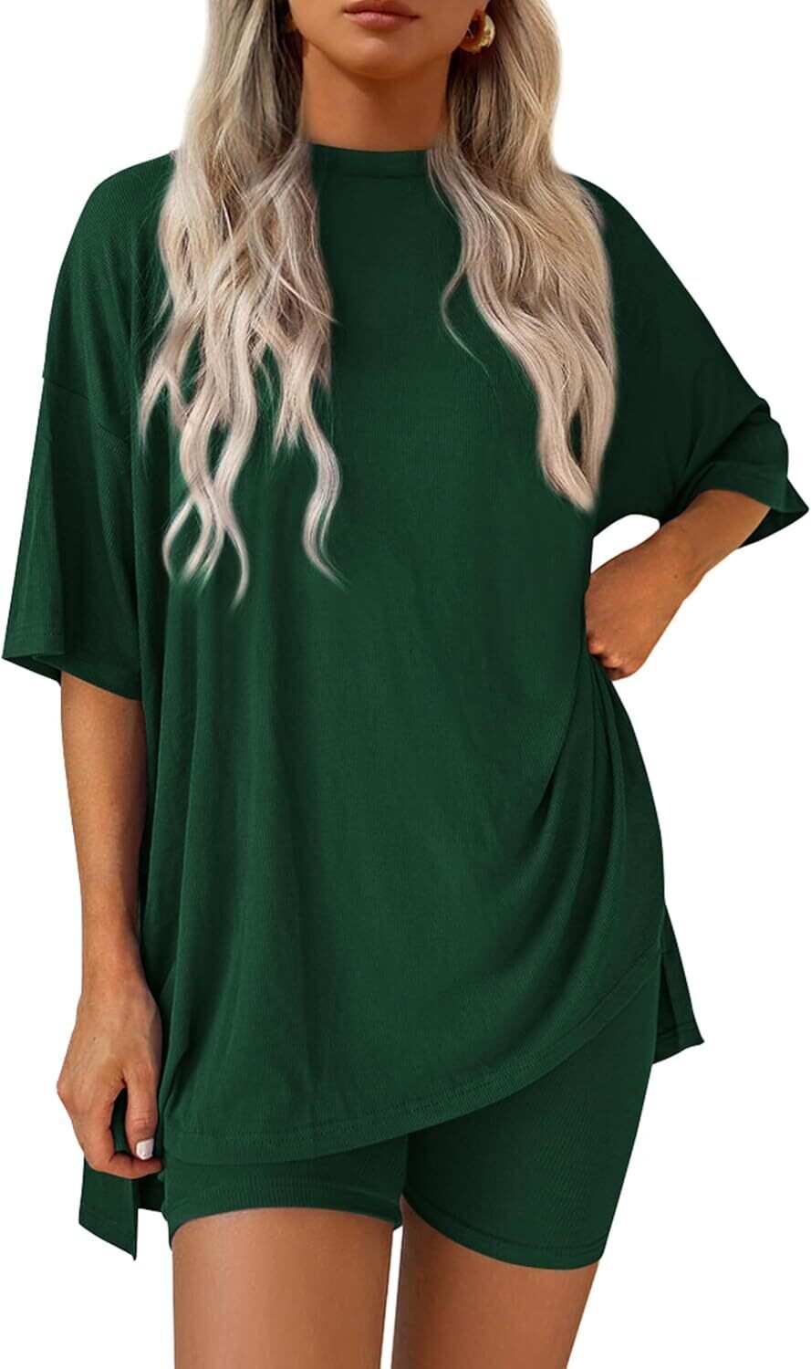 🔥Flash sale🔥Women's Two Piece Lounge Set 2026 Summer Casual Oversized Shirts  Biker Shorts Matching Airport Travel Outfit