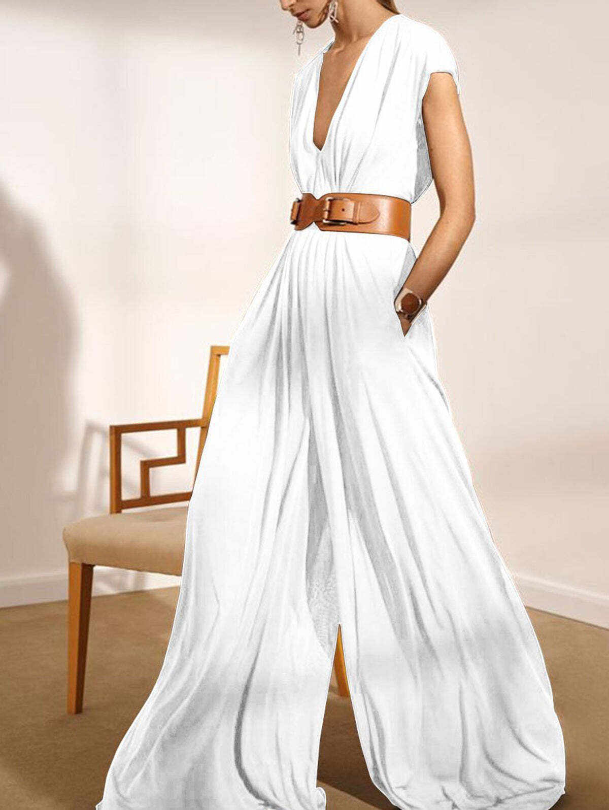 Elegant Plain Deep V Neck Sleeveless Plus Size Jumpsuit