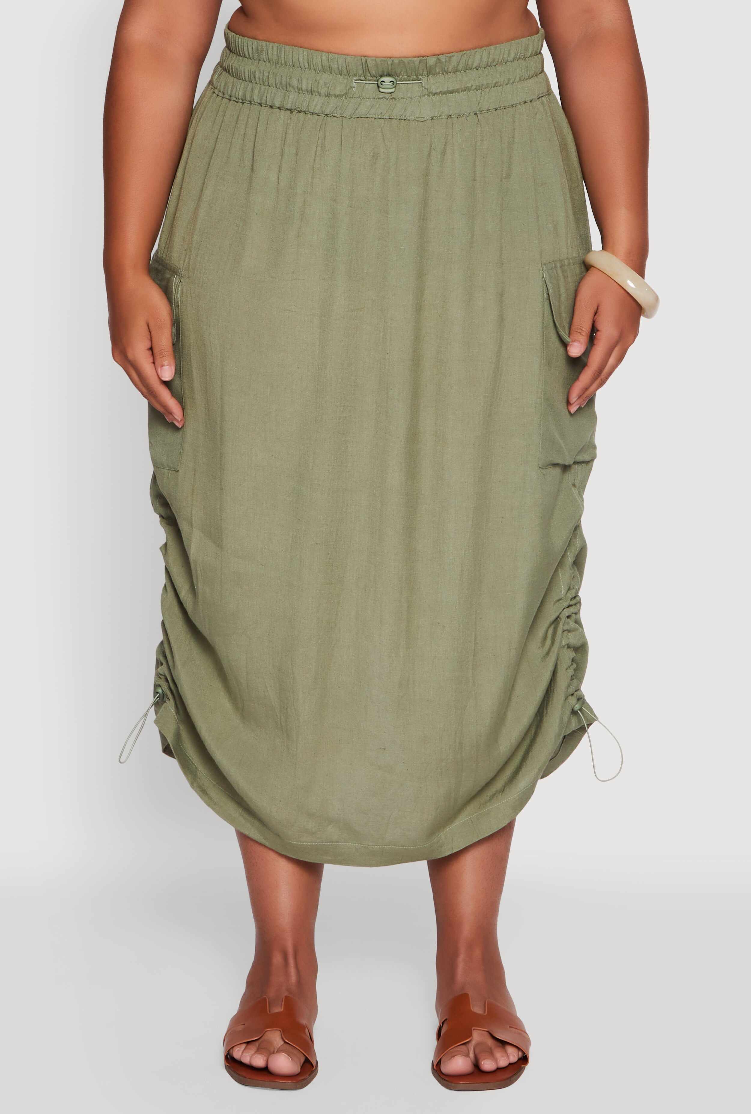 Plus Size High Waisted Toggle Drawstring Hem Linen Skirt with Ruching