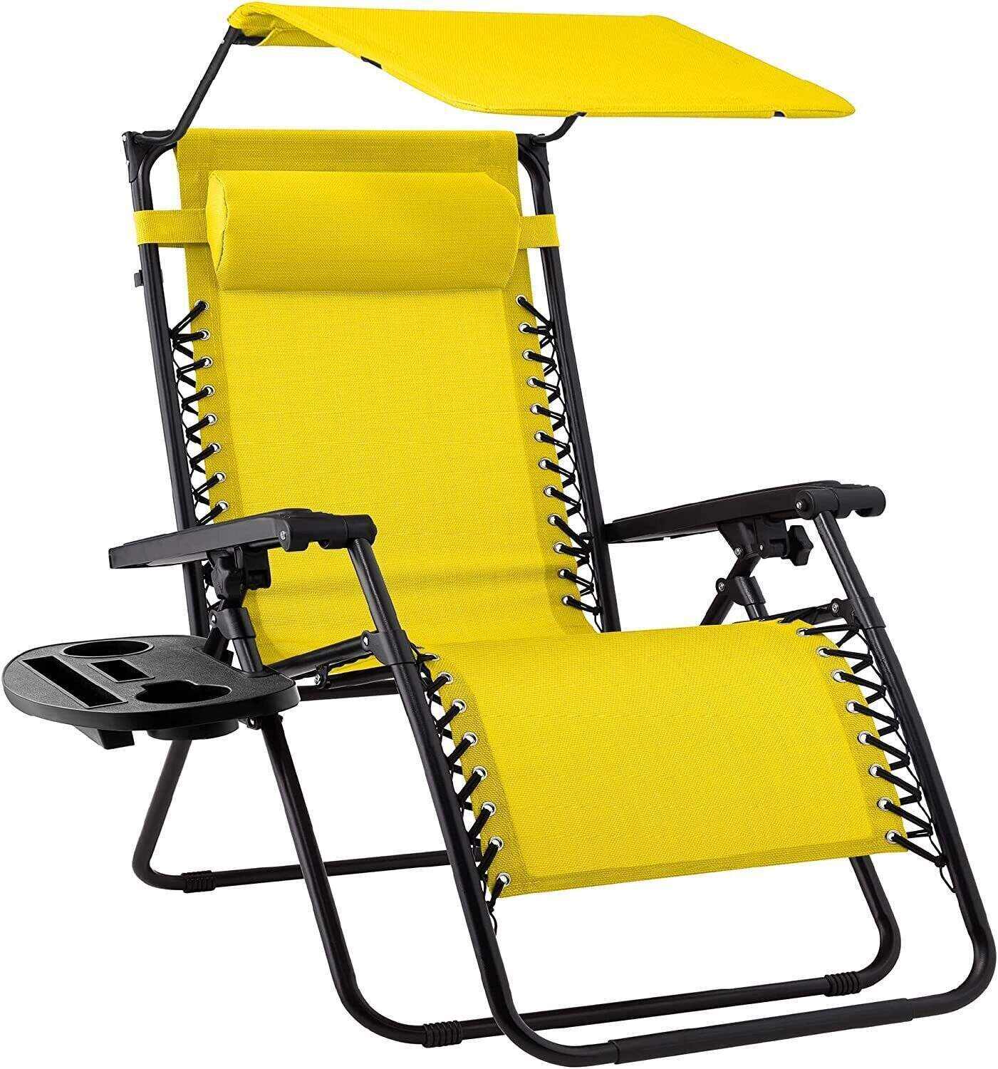 Folding Zero Gravity Recliner Patio Lounge Chair w/Adjustable Canopy Shade, Headrest, Side Accessory Tray, Textilene Mesh - Beige