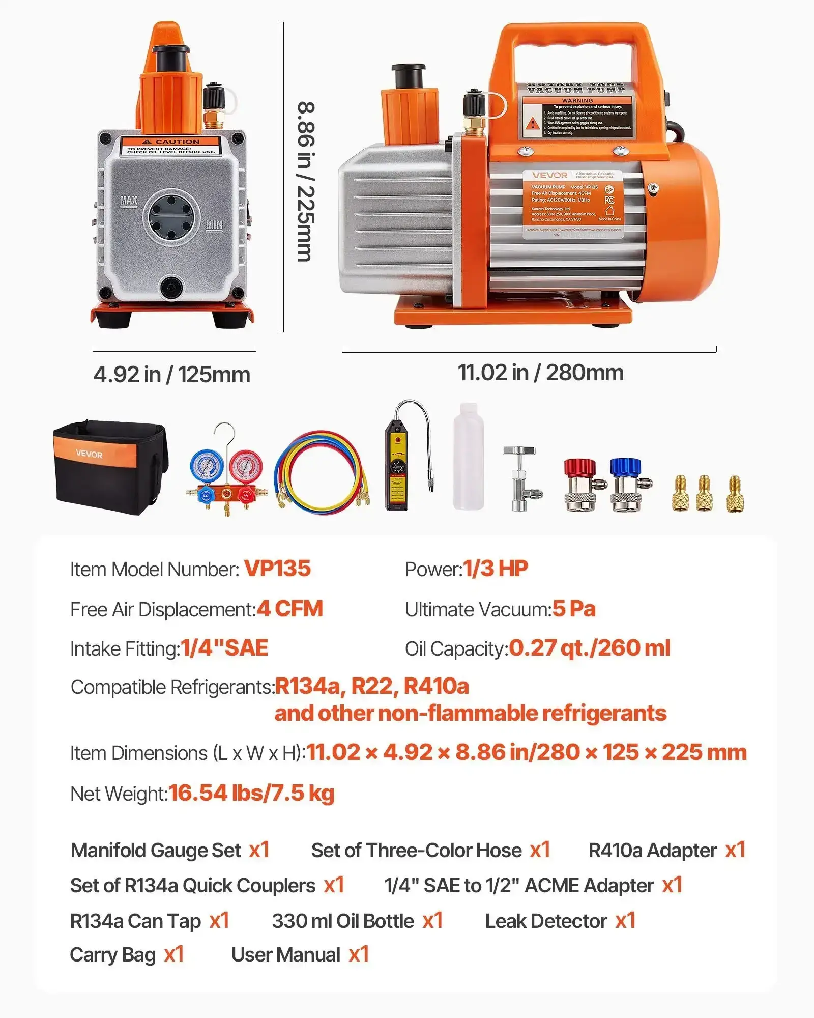 4 CFM 1/3 HP HVAC Single Stage Rotary Vane Vacuum Pump and Manifold Gauge Kit
