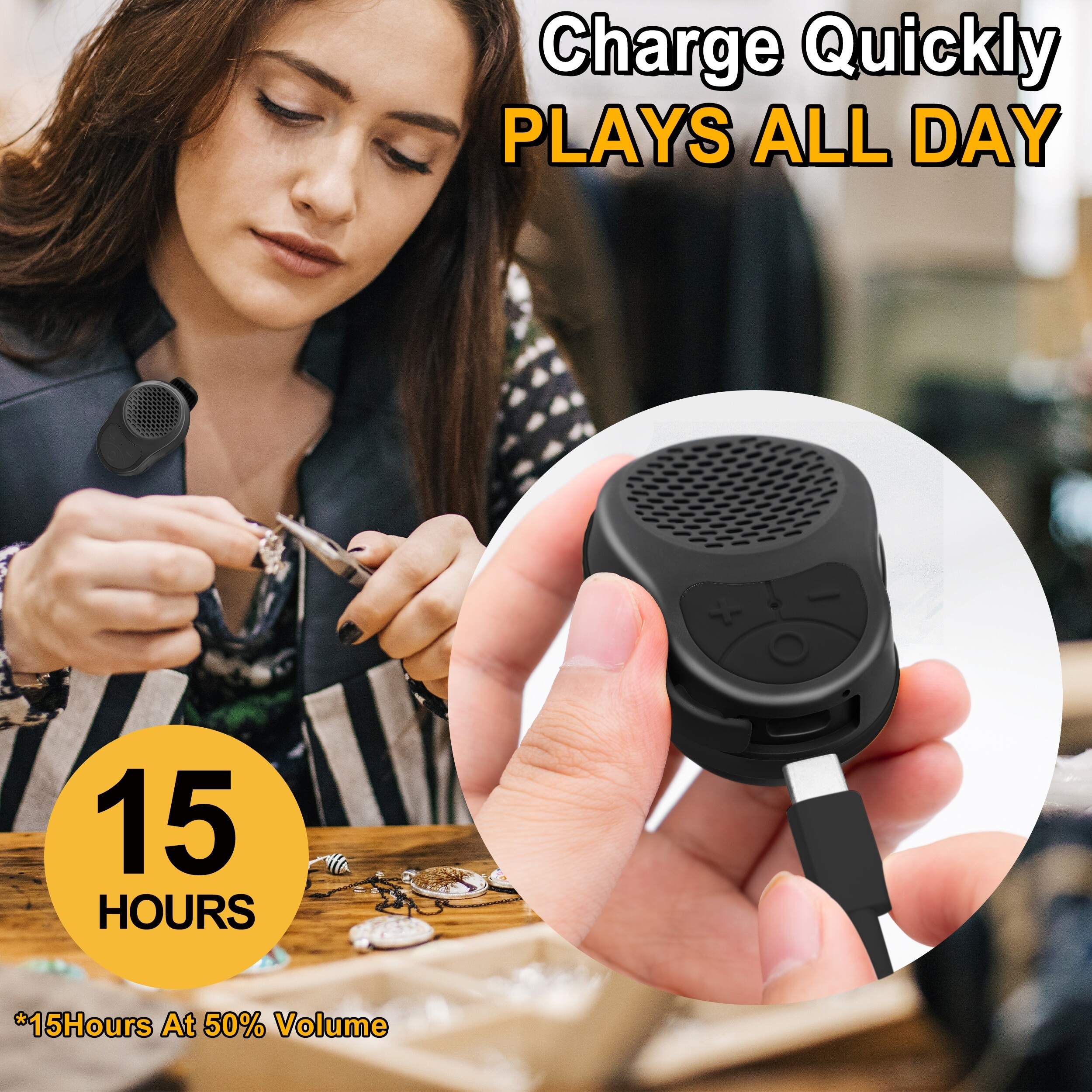Wireless Portable Clip-On Speaker with Built-in Mic, 15 Hours Battery, IPX-5 Water-Resistant, USB Type-C Charging, 1-3W Output, Button Control, for Music & Calls, Ideal for Jobsite, Running, Biking, Hiking - No Charger Included