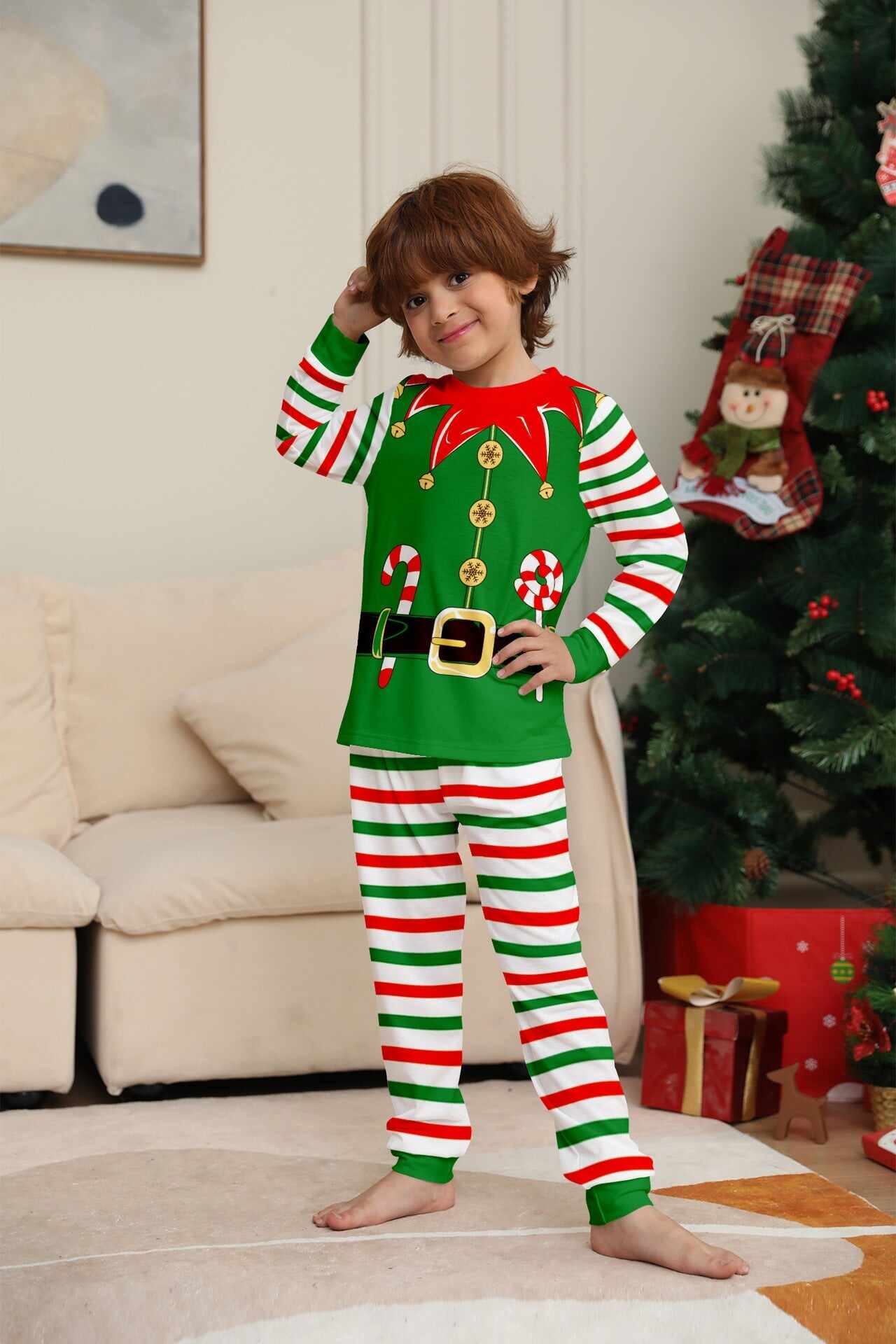 2024 3D Print Christmas Family Pajamas Red Green Striped Crutch Xmas Pajamas