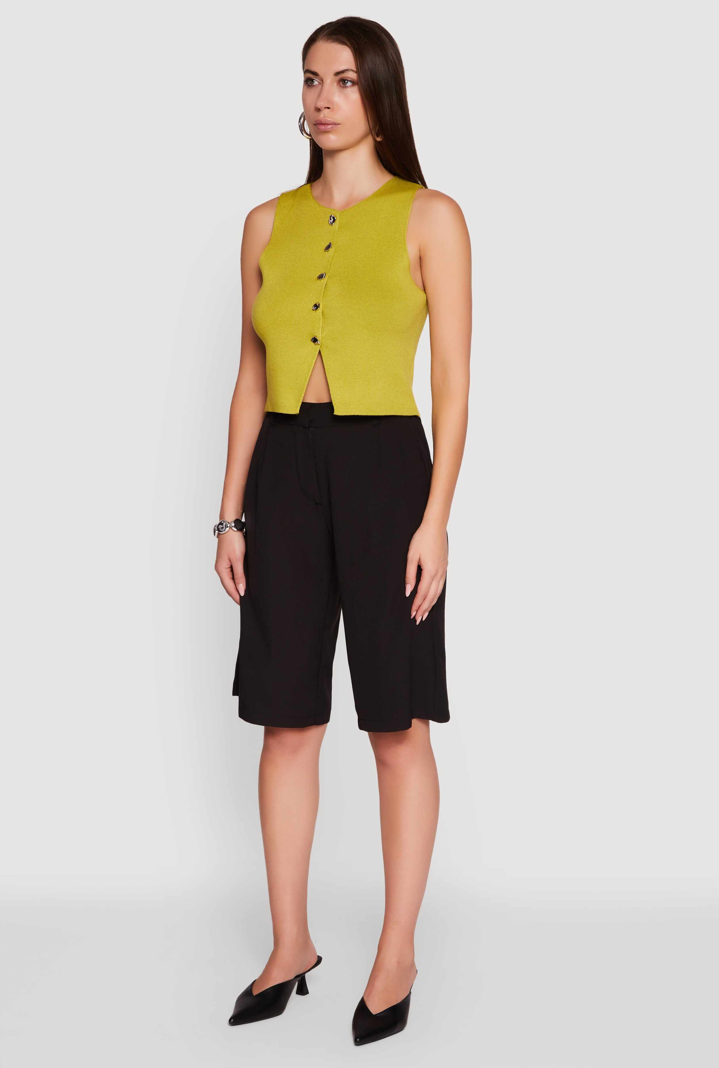 Metallic Button Front Sleeveless Sweater Vest