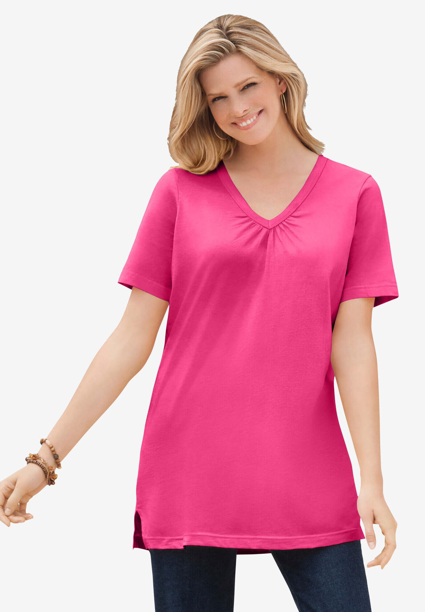 Perfect Short-Sleeve Shirred V-Neck Tunic
