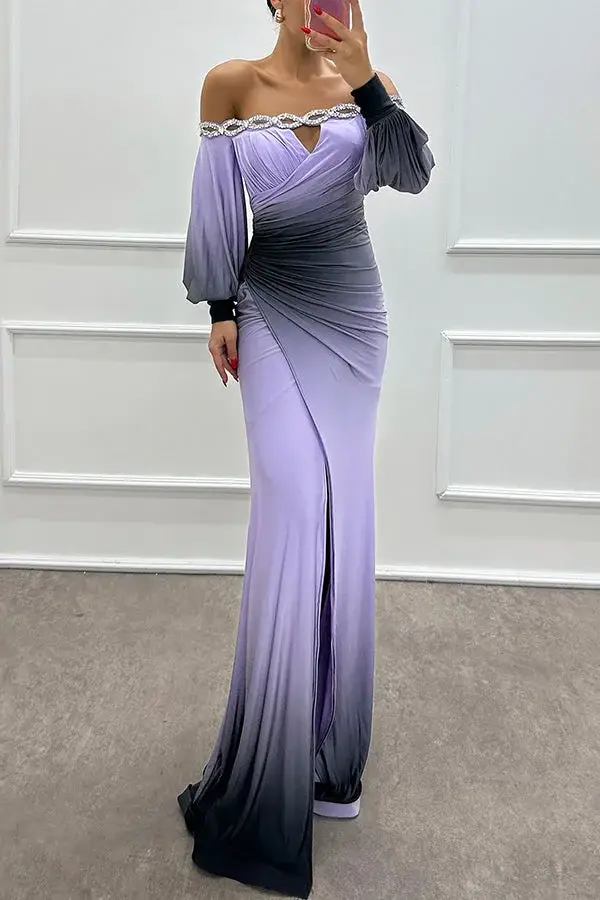 Gradient print boat neck off-shoulder long dress