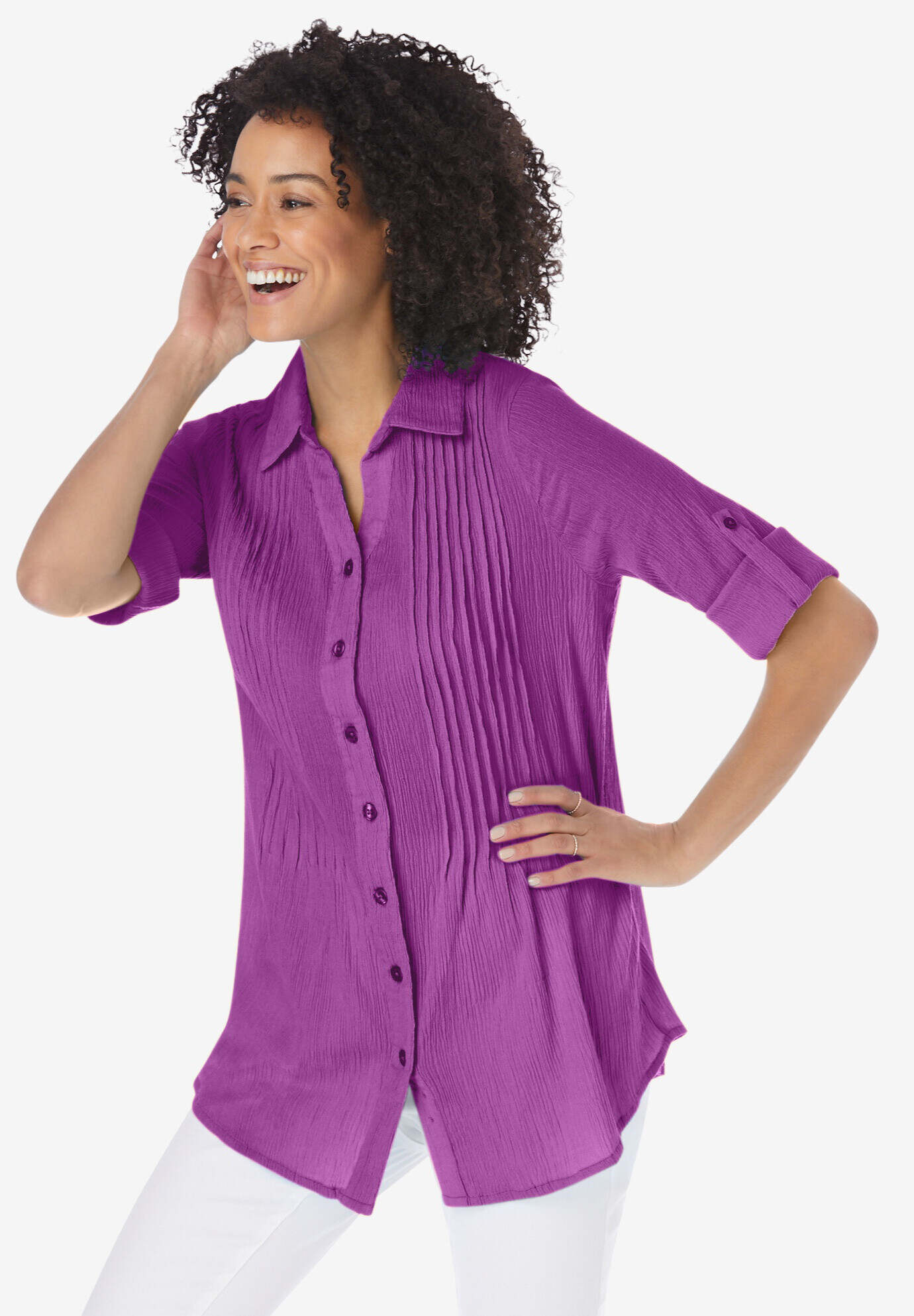 Pintucked Button Down Gauze Shirt