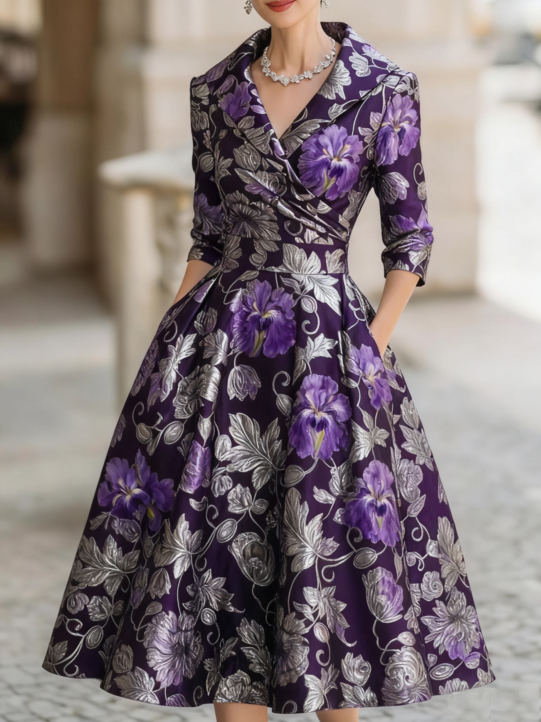 Vintage floral jacquard mid-length dress