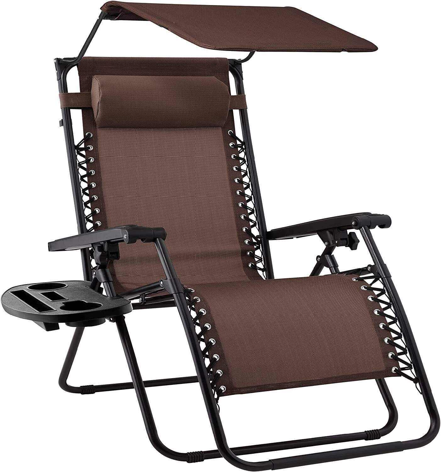 Folding Zero Gravity Recliner Patio Lounge Chair w/Adjustable Canopy Shade, Headrest, Side Accessory Tray, Textilene Mesh - Beige