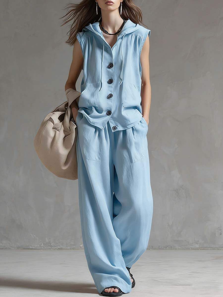 🔥Summer Arrivals🌟Women's Solid Color Sleeveless Casual Loose Hooded Top and High-Waisted Wide-Leg Cotton Set