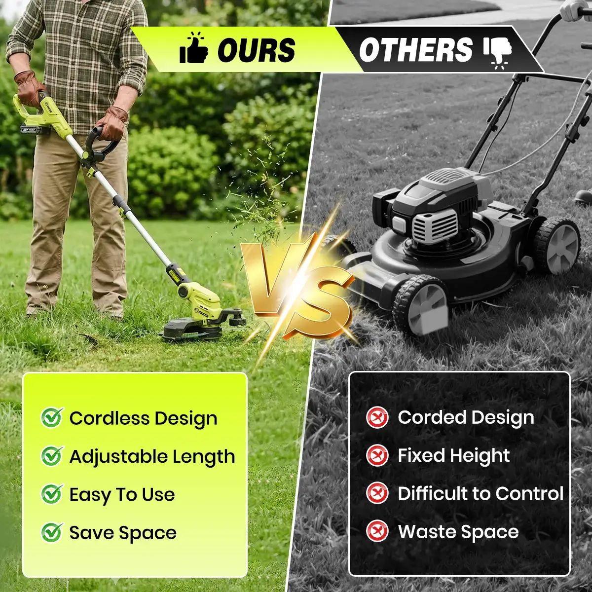22V 12-in Cordless Lawn Mower, 3-in-1 Garden Tool (Mower, Trimmer, Edger) with Auto Cord Feed, 2×2.0Ah Batteries, Lightweight for Small to Medium Backyards
