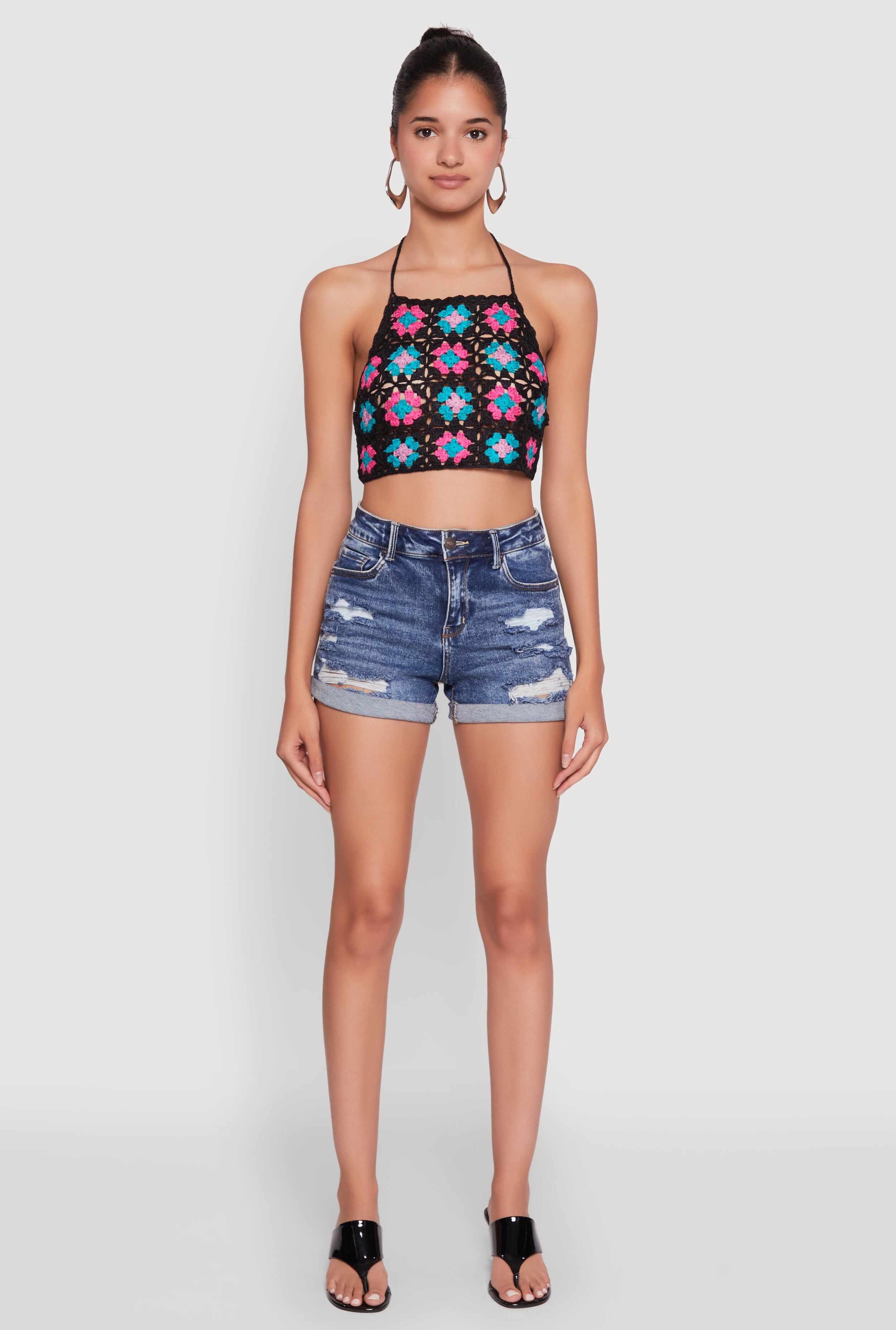 Trendy Patterned Crochet Tie Back Halter Crop Top