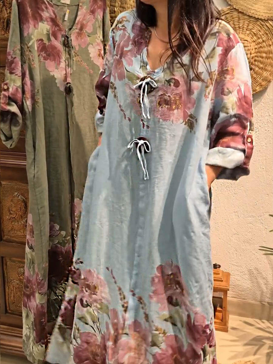 🔥Summer Arrivals🌟Women's V-neck Long Sleeve Vintage Positioning Print Casual Loose Cotton and Linen Dress