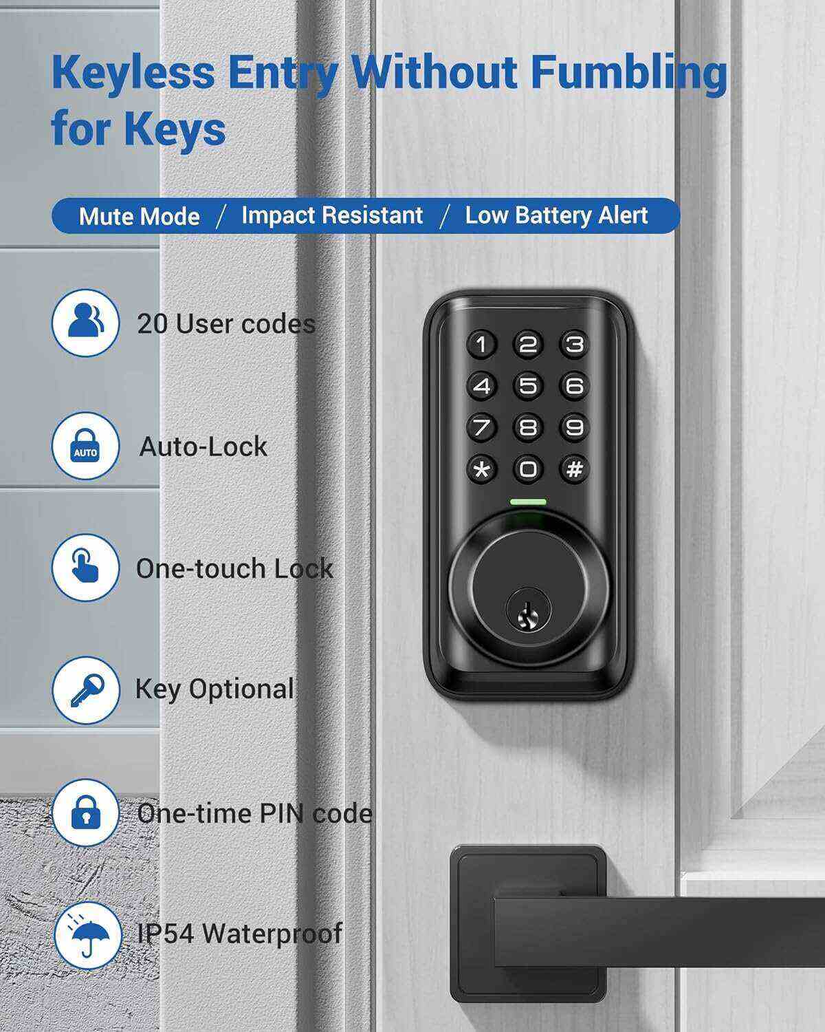 Veise Keyless Entry Door Lock, Electronic Keypad Deadbolt Lock, Auto Lock, 1 Touch Locking & 20 User Codes, Anti-Peeking Password, Easy Installation Design - Matte Black