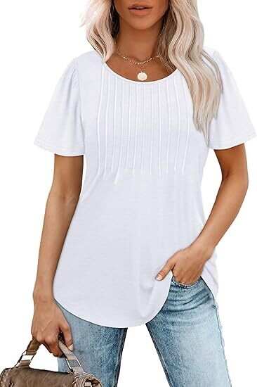🔥Last Day Promotion🔥Womens T Shirts Short Sleeve Pleated Dressy Casual Scooped Neck Summer Tops Blouses
