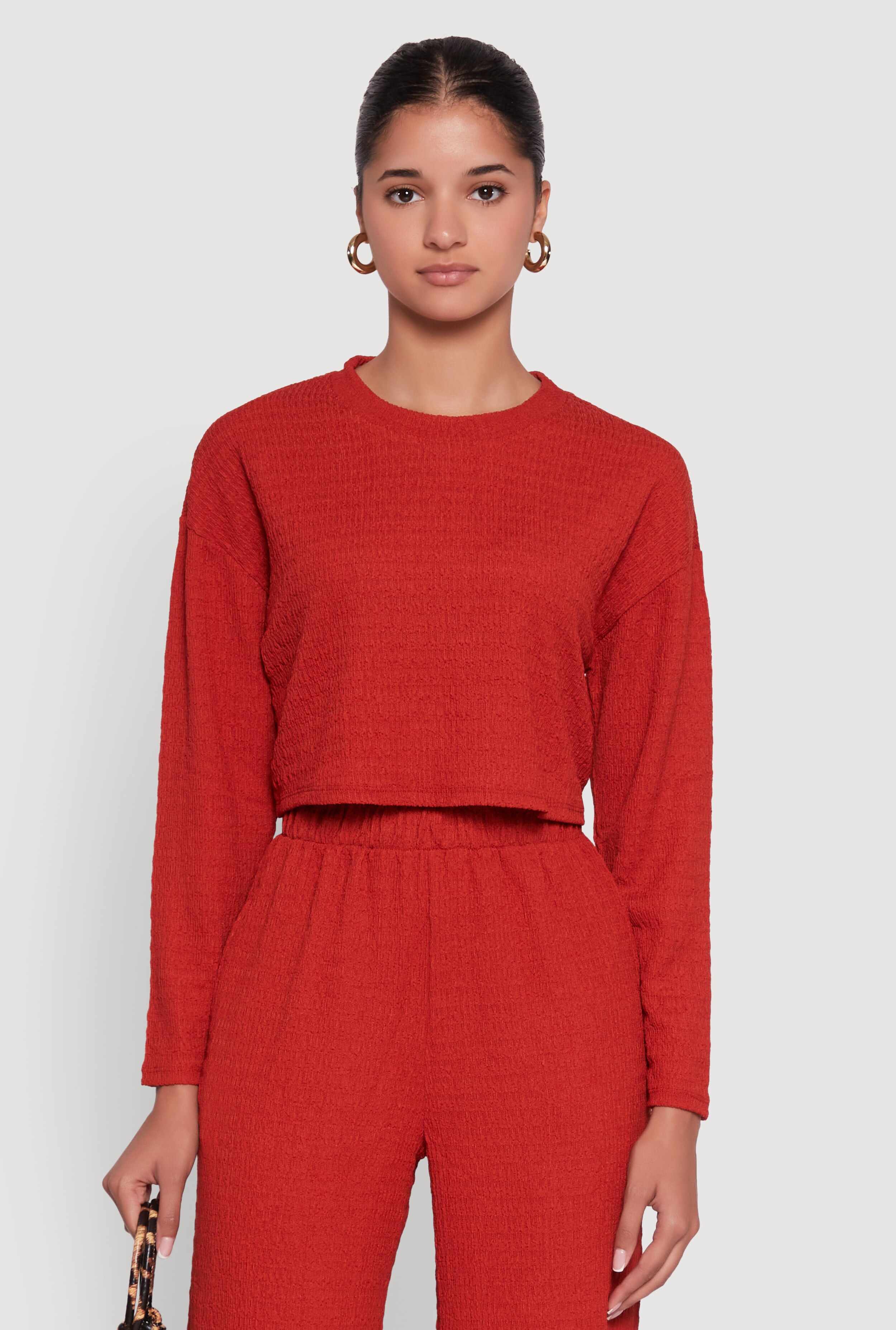 Trendy Textured Knit Long Sleeve Crop Top
