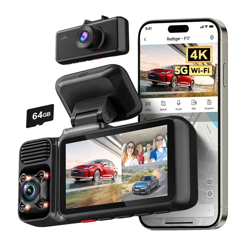 F17 4K 3-Channel Dash Cam with 5GHz WiFi GPS, 64GB Card, 2160P+1080P+1080P Cameras, IR Night Vision, Parking Mode, Car rvibes, Car VLOG, Summervibes