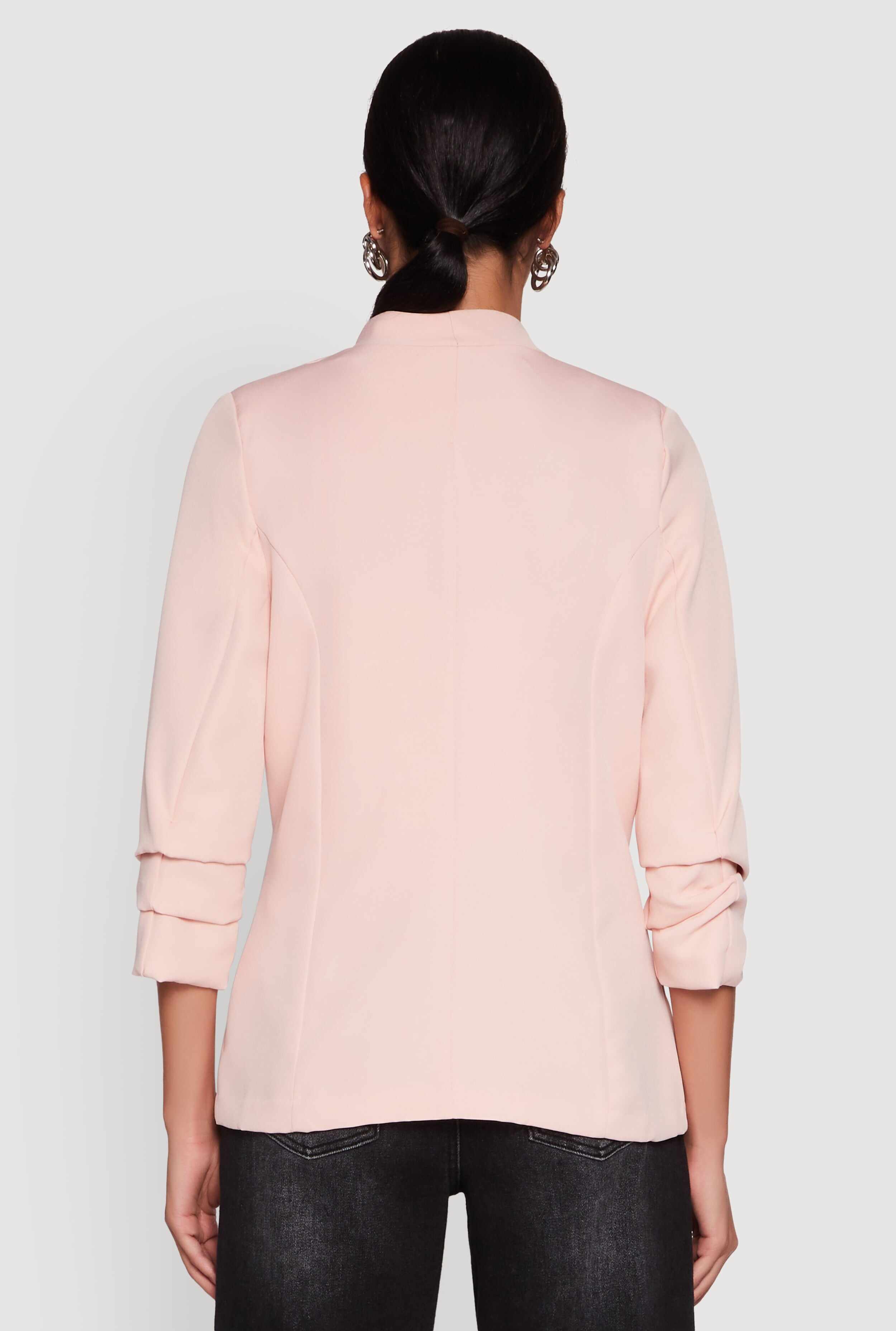Open Front Ruched Sleeve Padded Shoulder Blazer