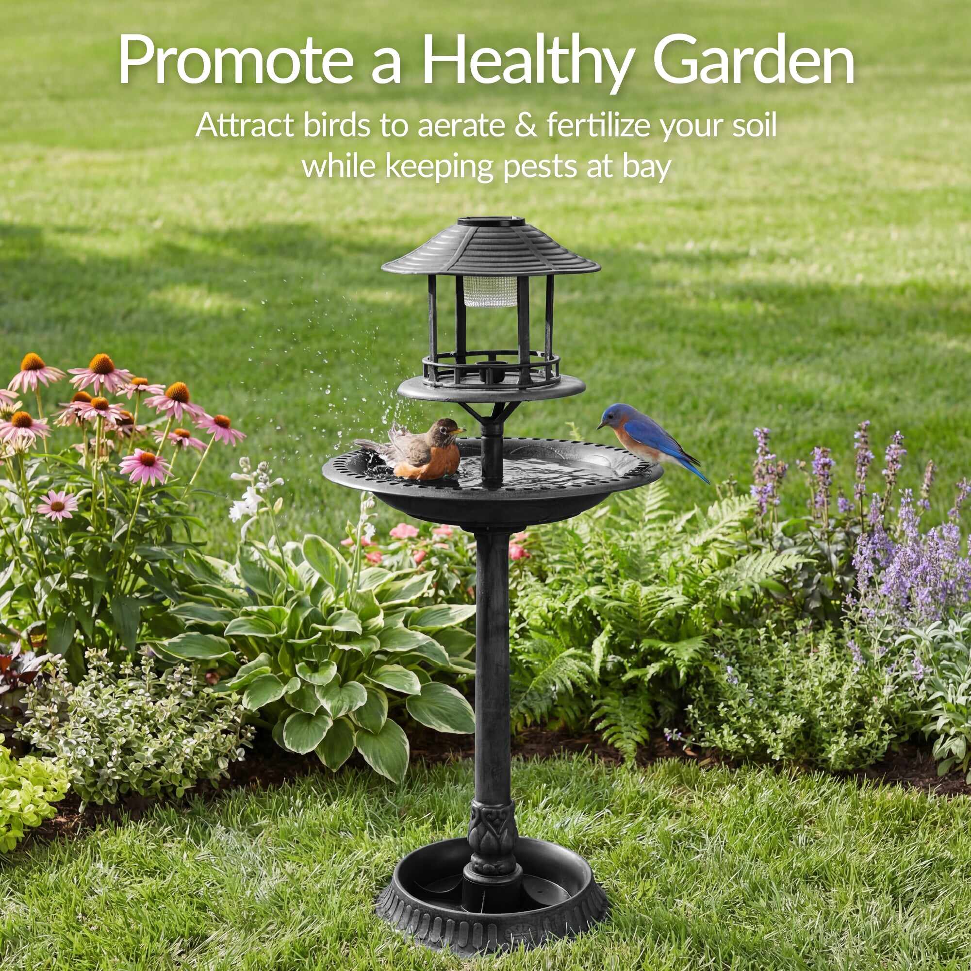 Solar Lighted Outdoor Pedestal Bird Bath w/ Planter, Decorative Bird Cage
