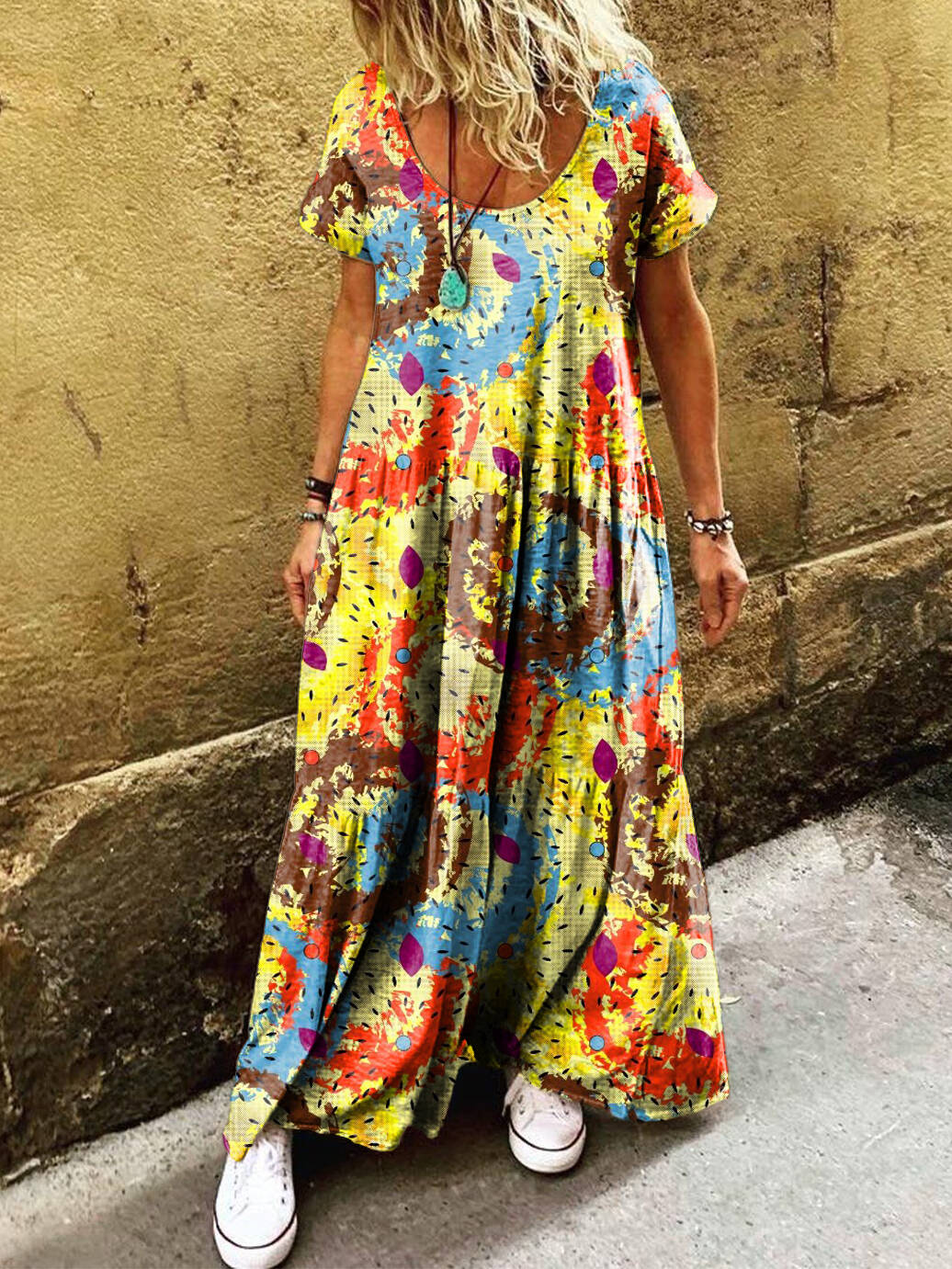 Women's Retro Colorful Geometric Art Print Pocket Short Sleeve Cotton Dress