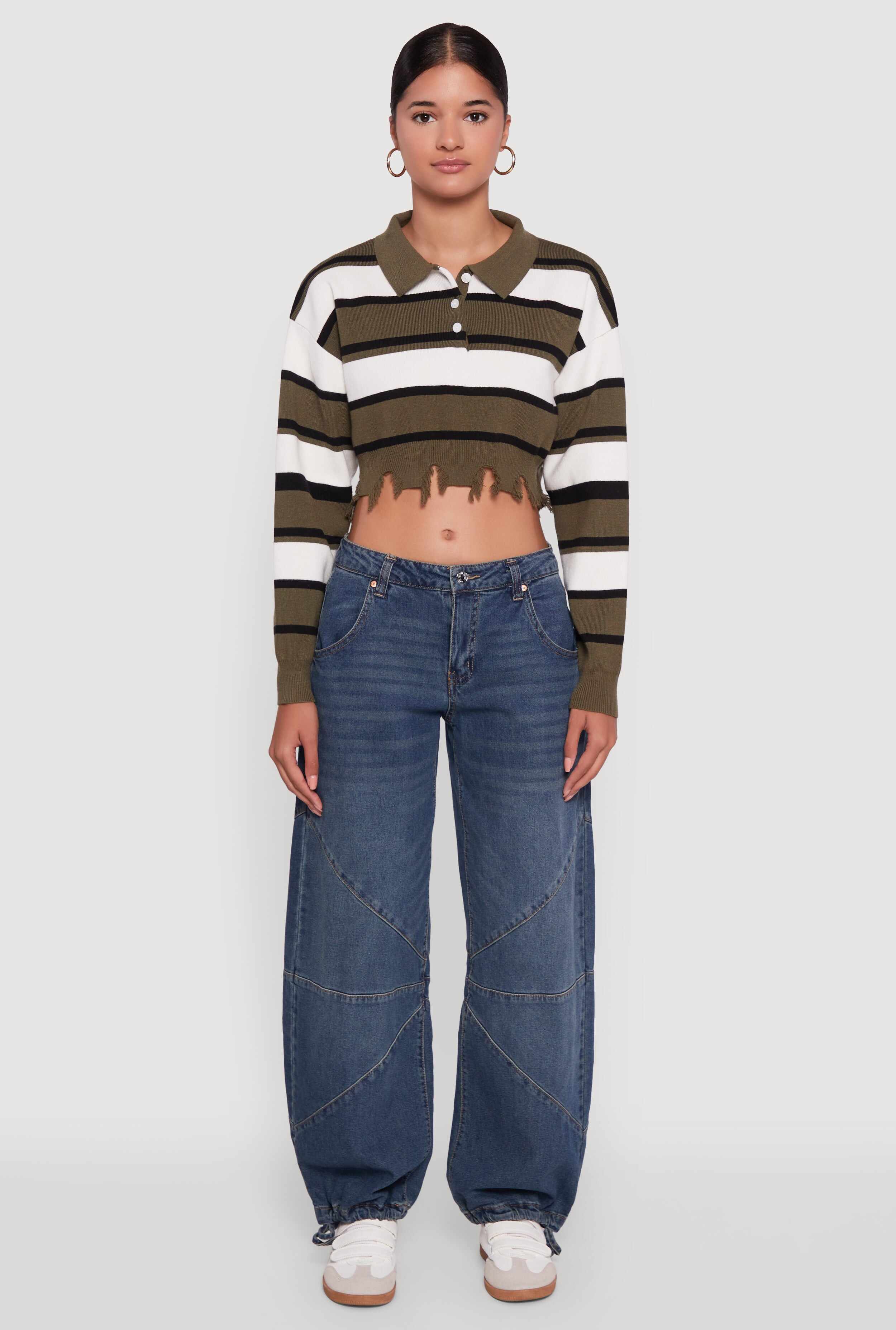 Striped Polo Collar Frayed Hem Crop Sweater