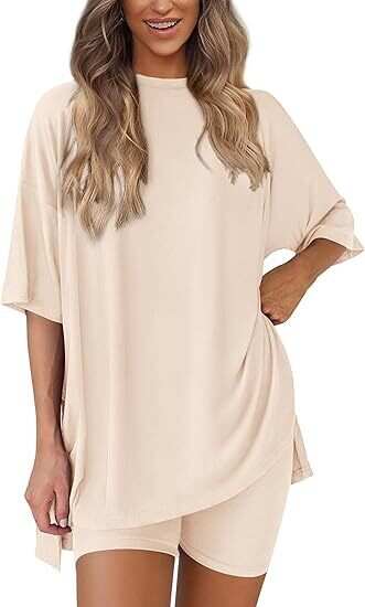 🔥Women's Two Piece Lounge Set 2025 Summer Casual Oversized Shirts Biker Shorts Matching Airport Travel Outfit