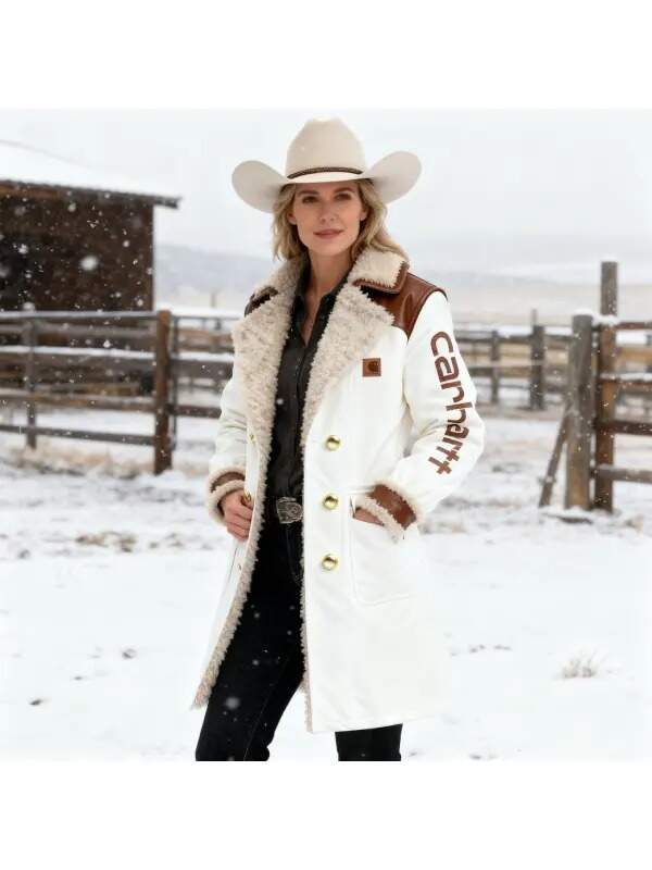 Women's Vintage White Leather Contrast Fleece Faux Fur Lining Coat-Khaki