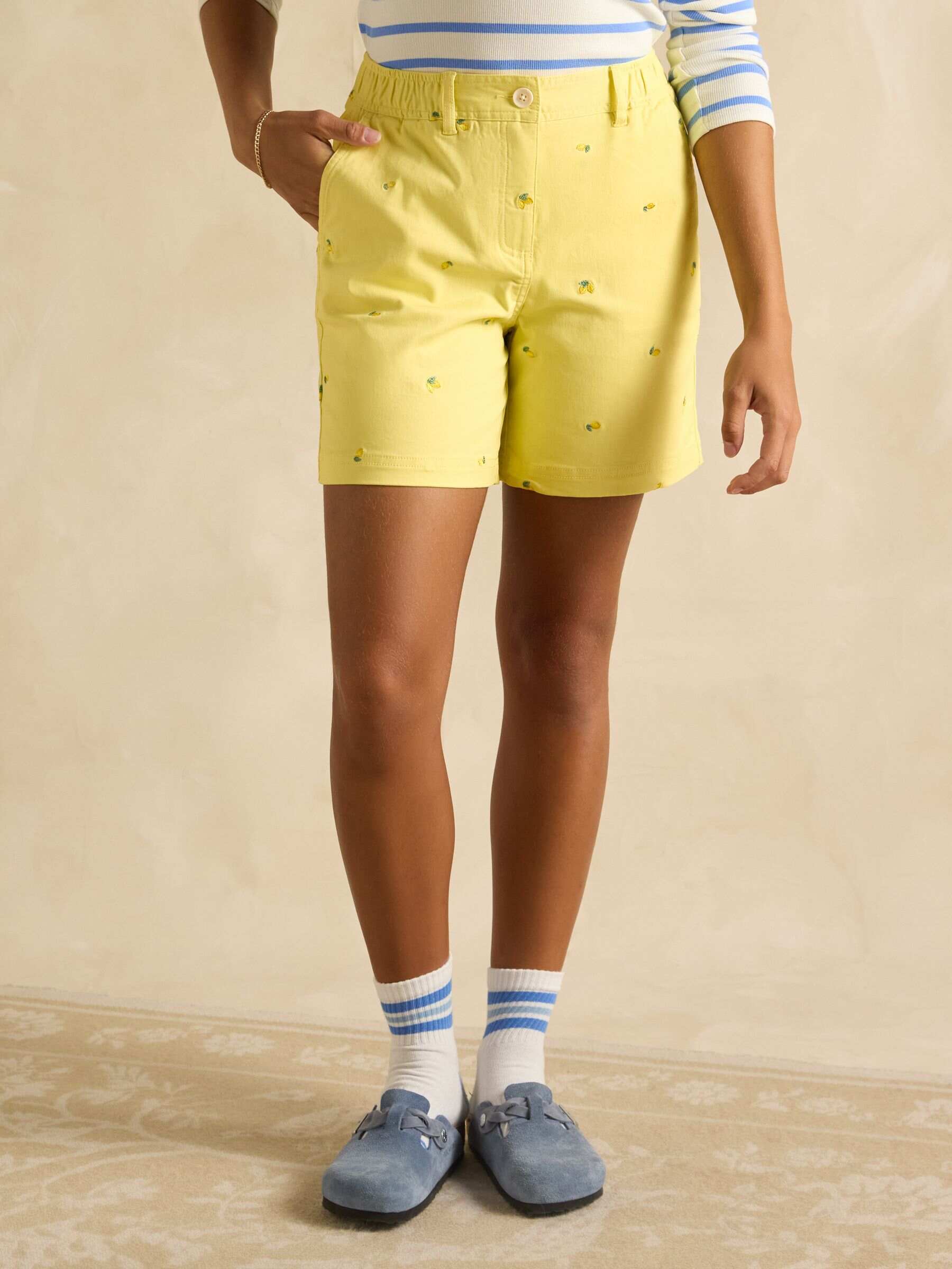 Yellow Lemon Embroidered Chino Shorts
