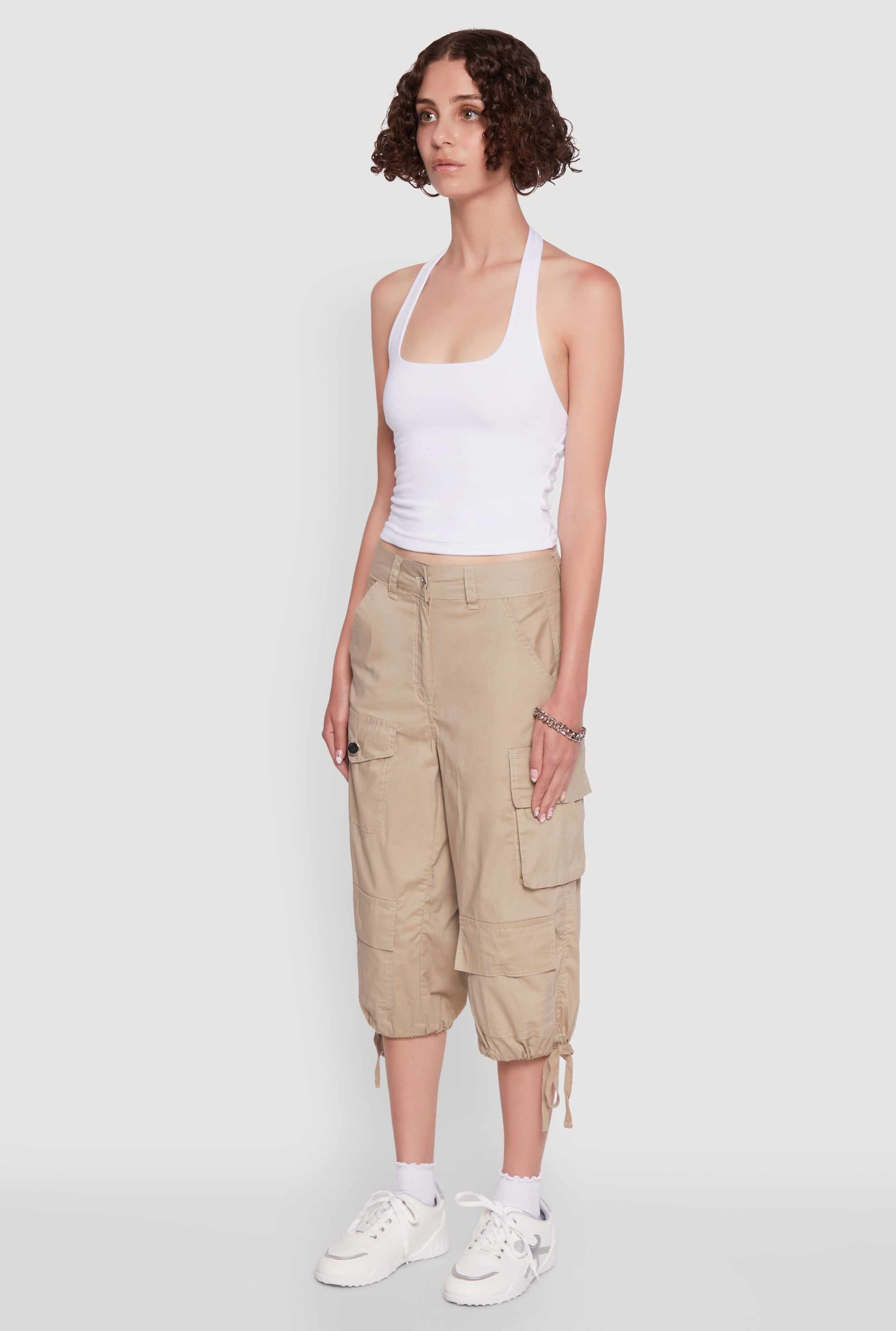 Trendy Cargo Pocket Drawstring Hem Capris Pants