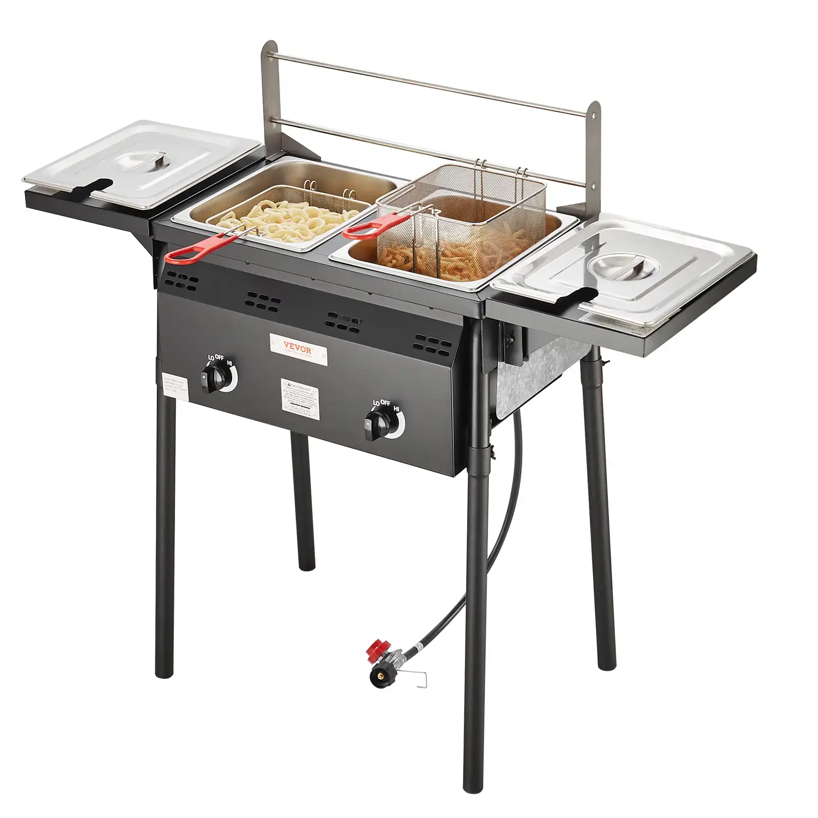 Outdoor Propane Deep Fryer,  Double Burners Commercial Fryer, 16 Qt Stainless Steel Cooker with Removable Baskets & Lids & Tanks, Oil Fryer Cart with Thermometer & Regulator, For Outdoor Cooking