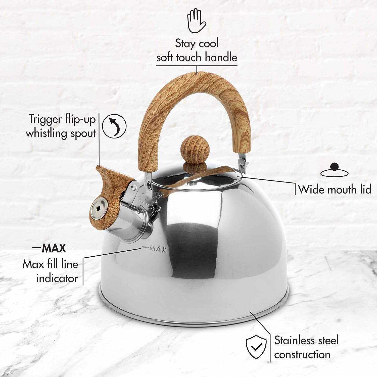 Primula Stewart Whistling Stovetop Tea Kettle Food Grade Stainless Steel, Hot Water Fast to Boil, Cool Touch Folding, 1.5-Quart, Brushed with Black Handle