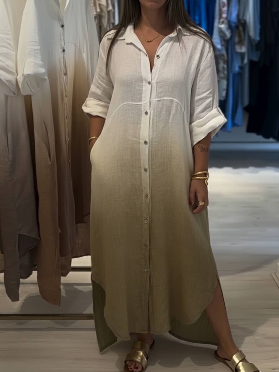 🔥Summer Arrivals🌟Casual Gradient Color Linen And Cotton Shirt Dress