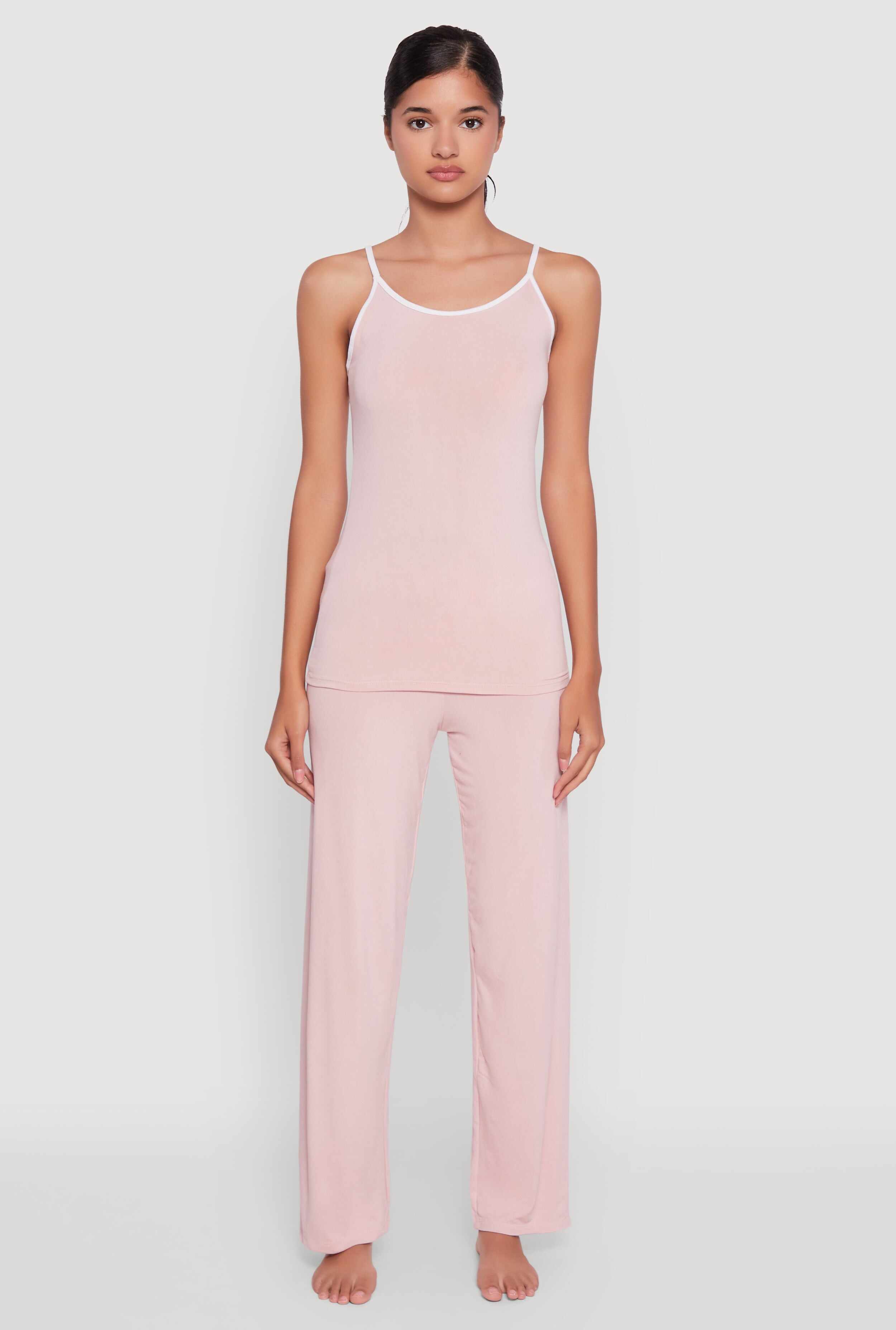 Contrast Trim Pajama Cami and Fold Over Pants Set