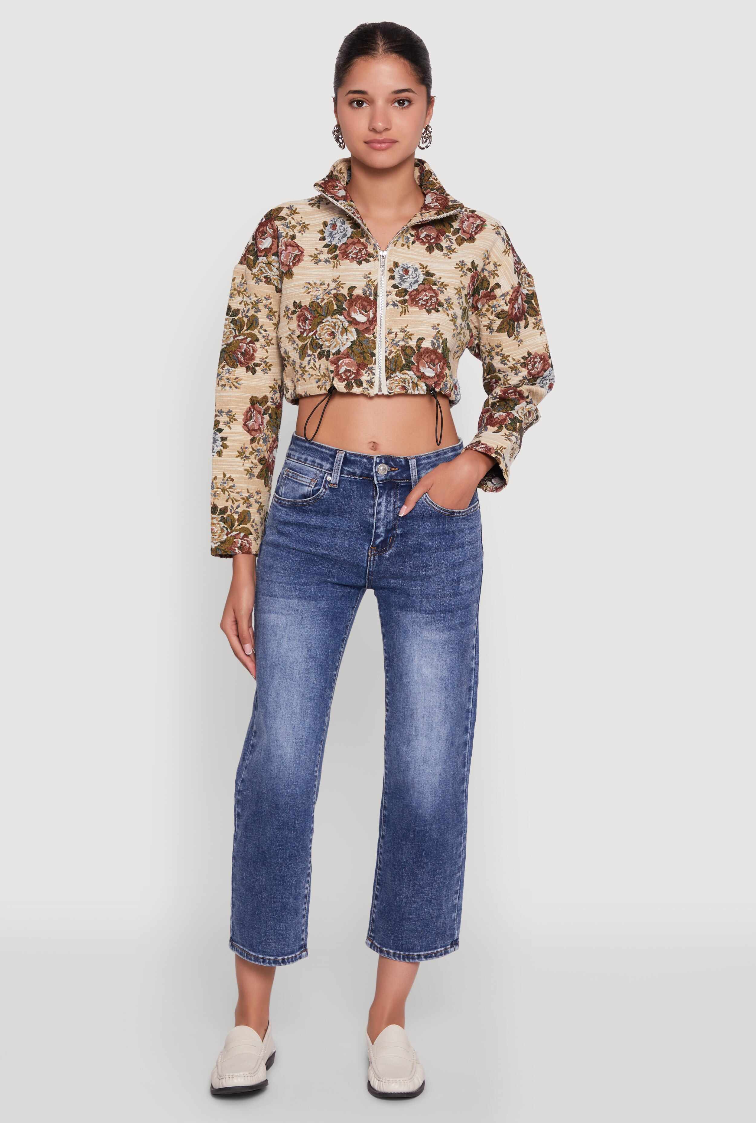 Daisy Patterned Jacquard Cropped Jacket