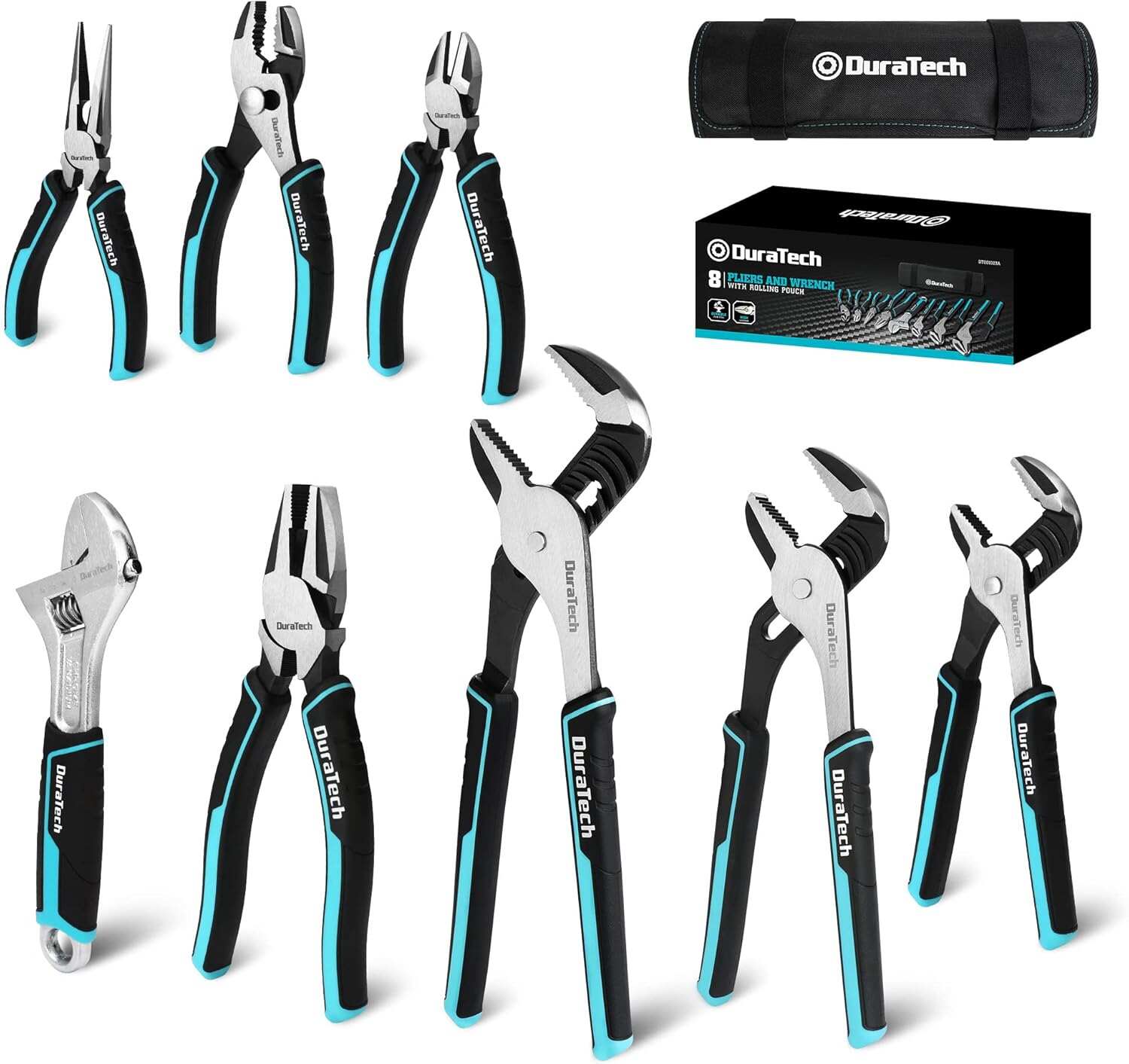 DURATECH 8-Piece Pliers Set with Rolling Pouch, Premium Cr-V/Cr-Ni Construction, (12