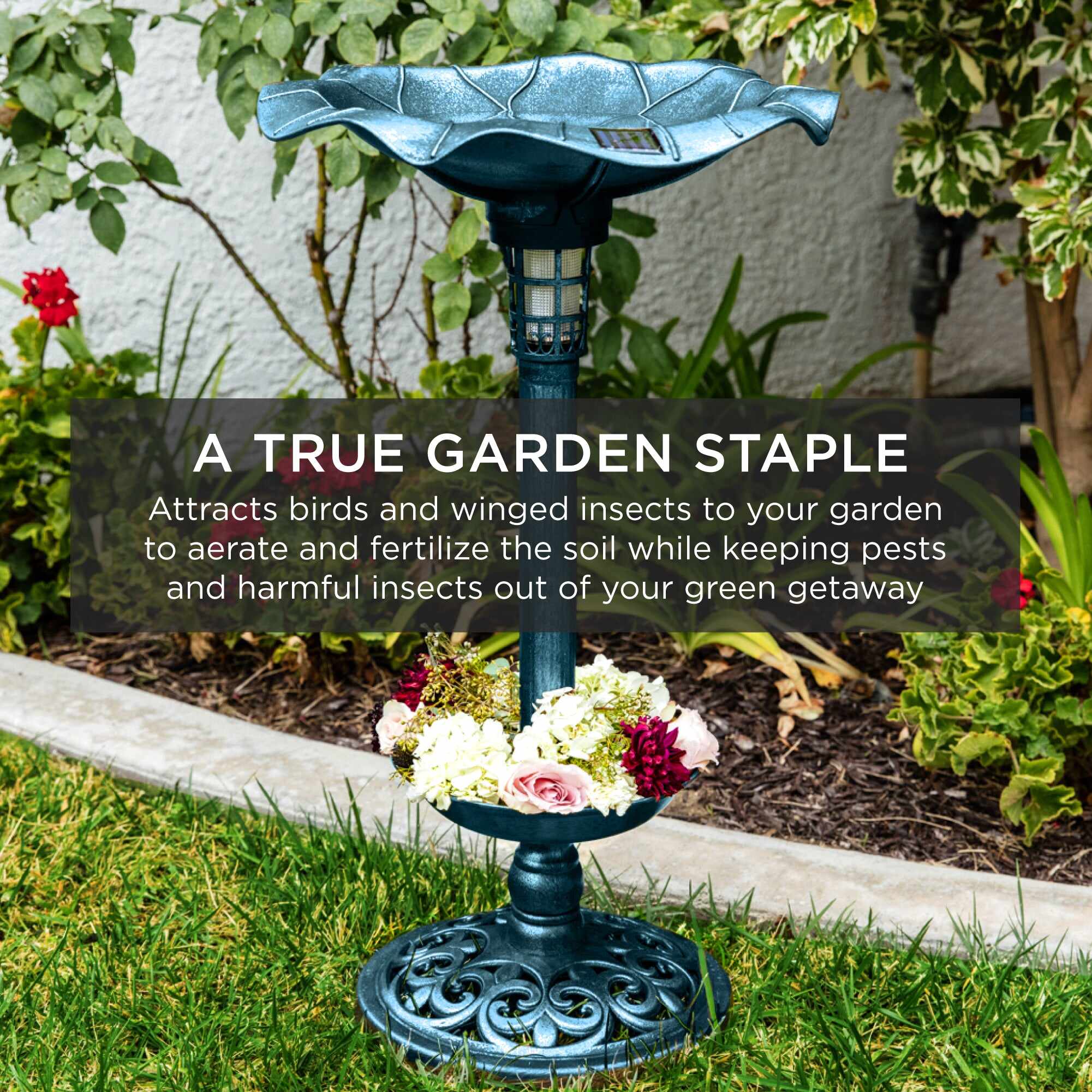 Solar Lighted Bird Bath w/ Planter