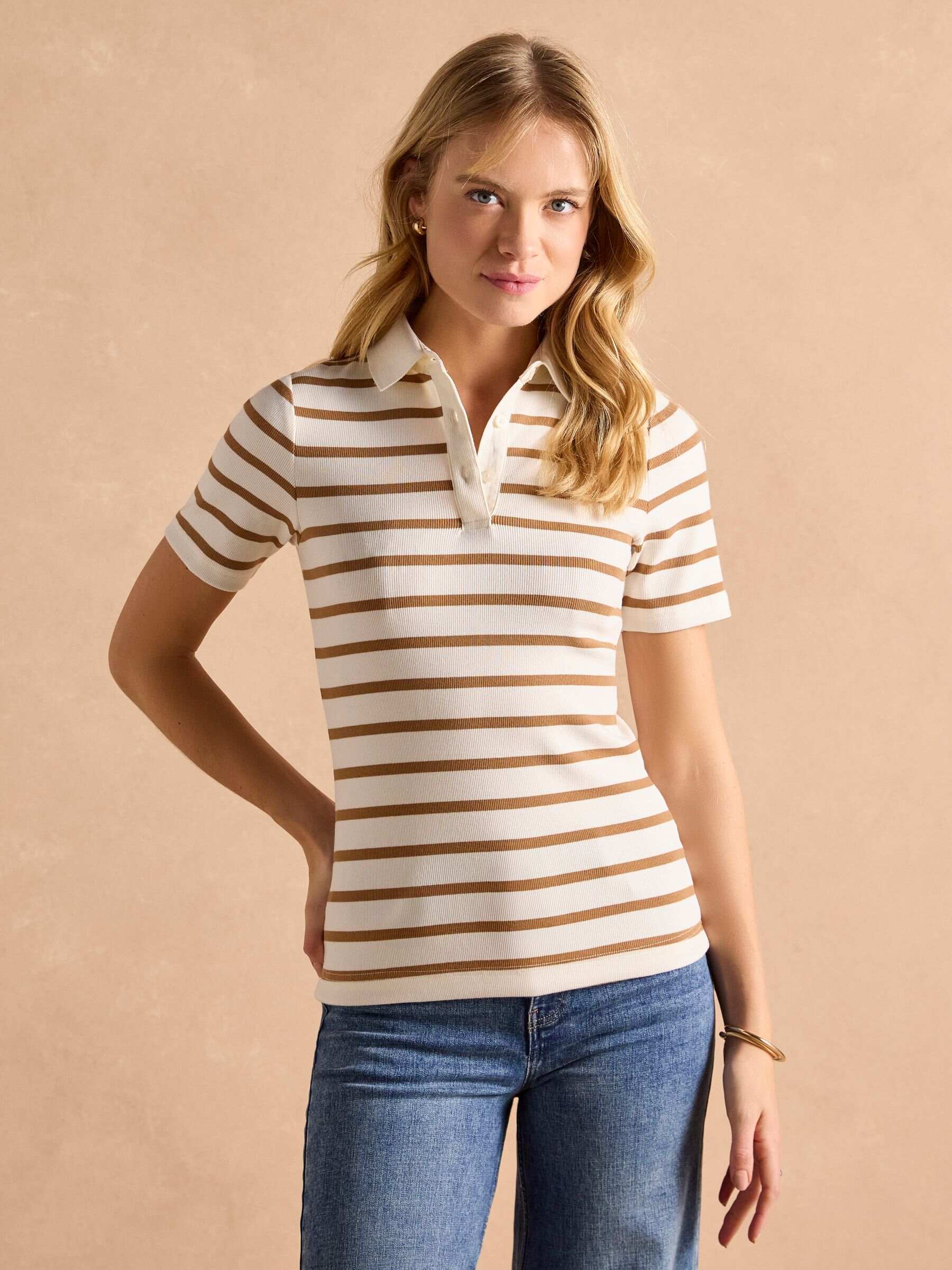 Fairfield Tan Short Sleeve Ribbed Polo Shirt