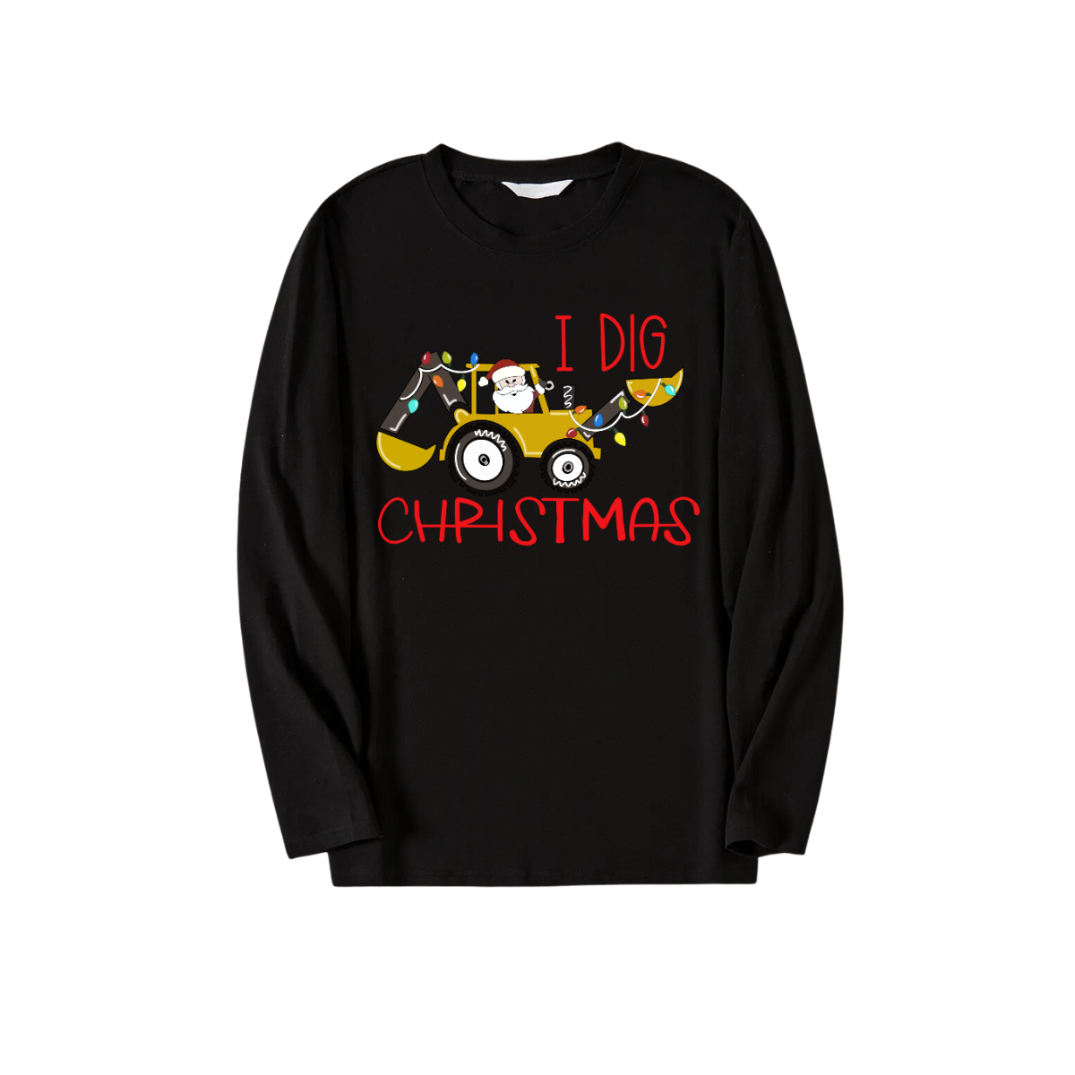 Christmas Excavator Print Black Long Sleeve Top with Green and Black Plaid Family Matching Pajamas