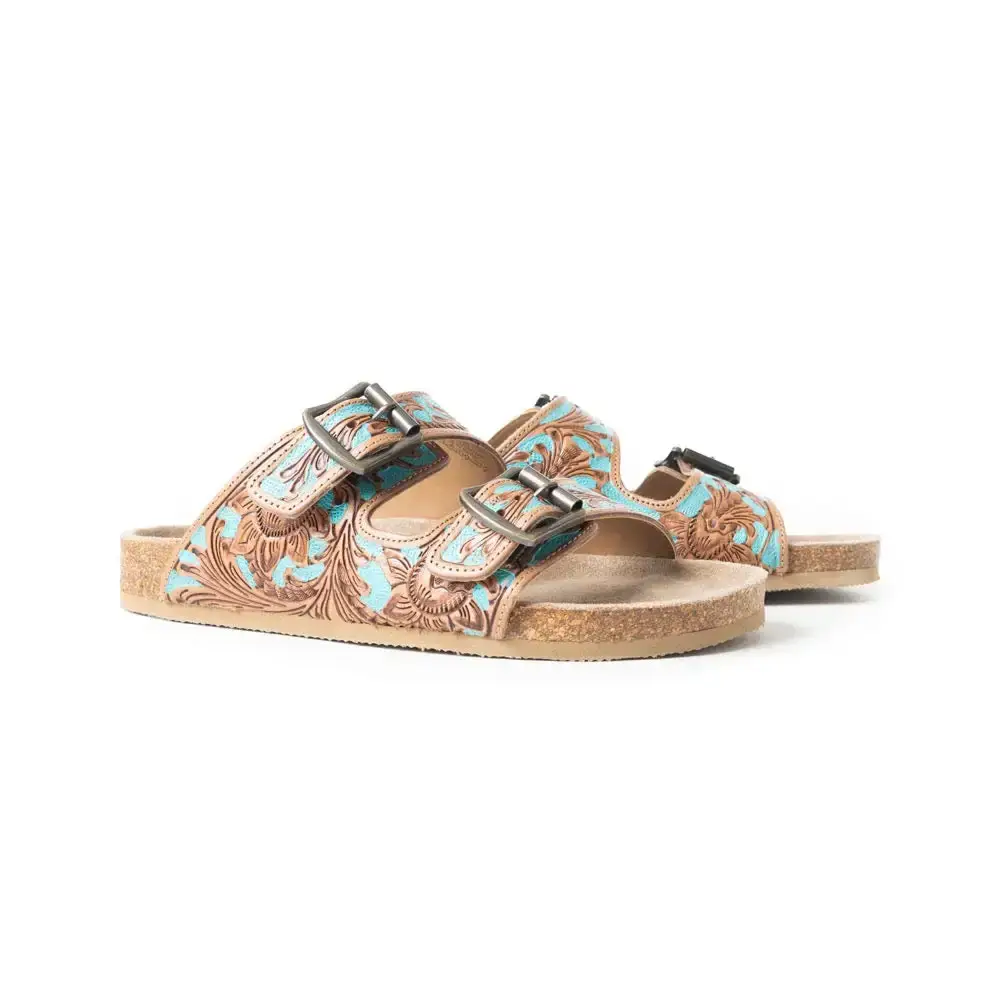 Falling Feather Tooled Leather Sandals