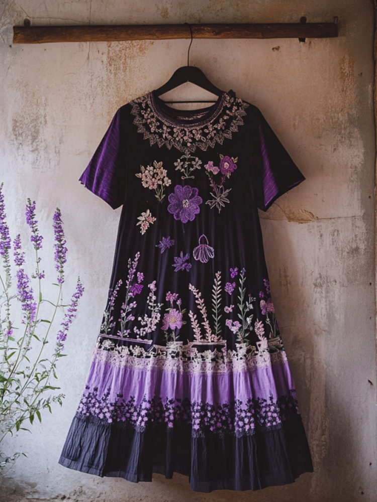 Bohemian Lavender Gradient Embroidery Patchwork Art Linen Round Neck Midi Dress