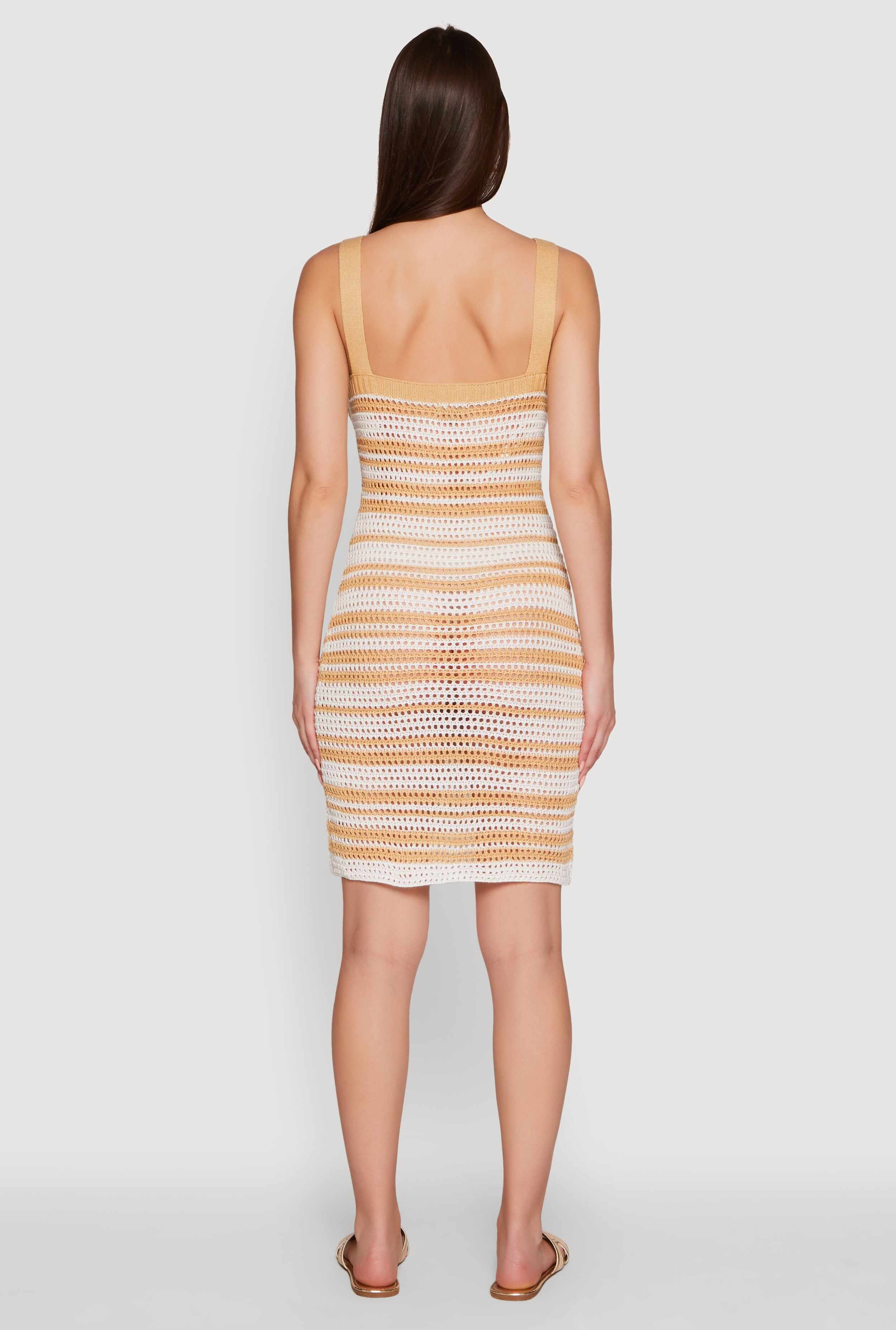 Trendy Striped Crochet V-Neck Sleeveless Sundress with Faux Buttons