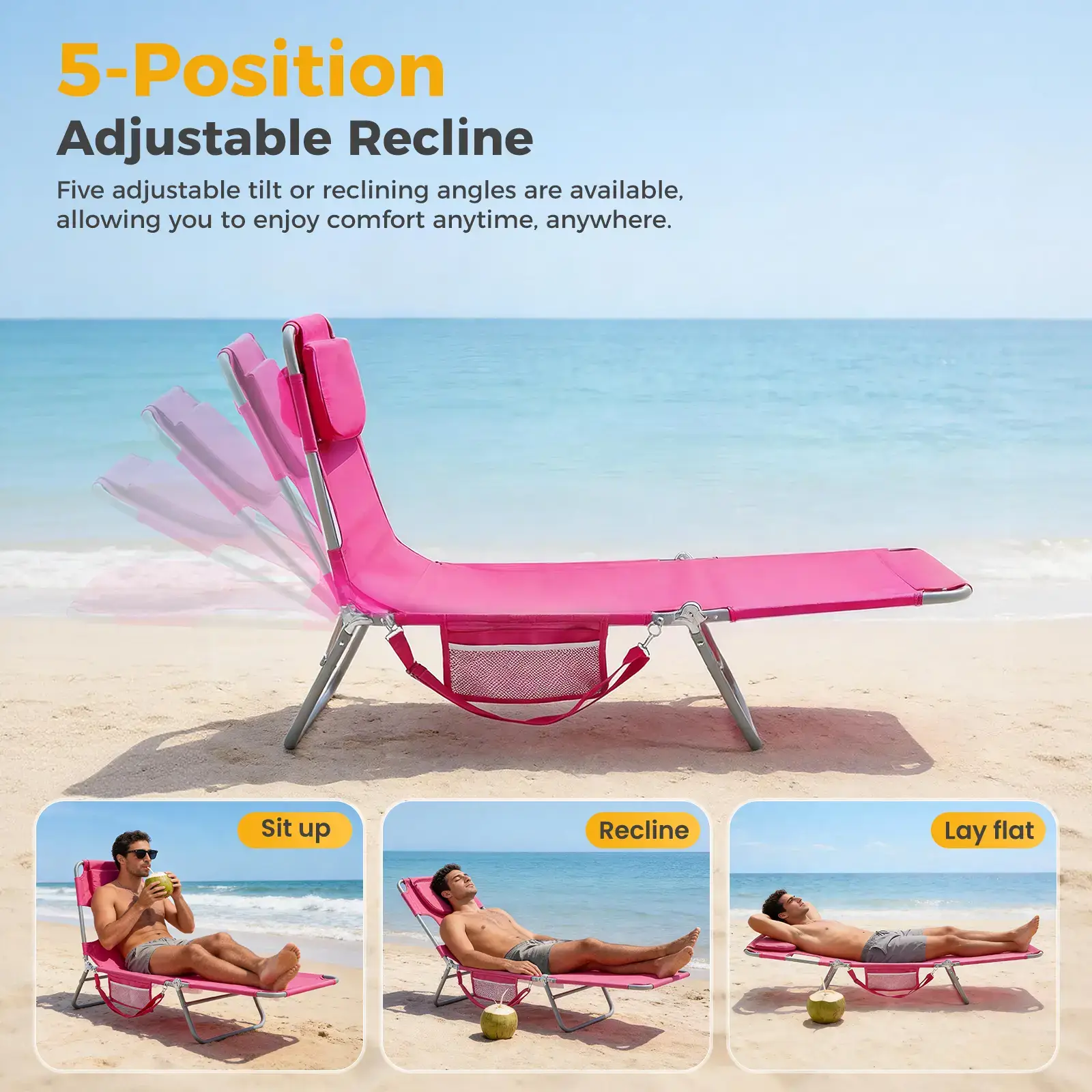 Folding Adjustable Chaise Lounge Chair, Portable Beach Lounge Chair with Backpack Straps & Side Pocket for Outside, Patio, Poolside, Lawn
