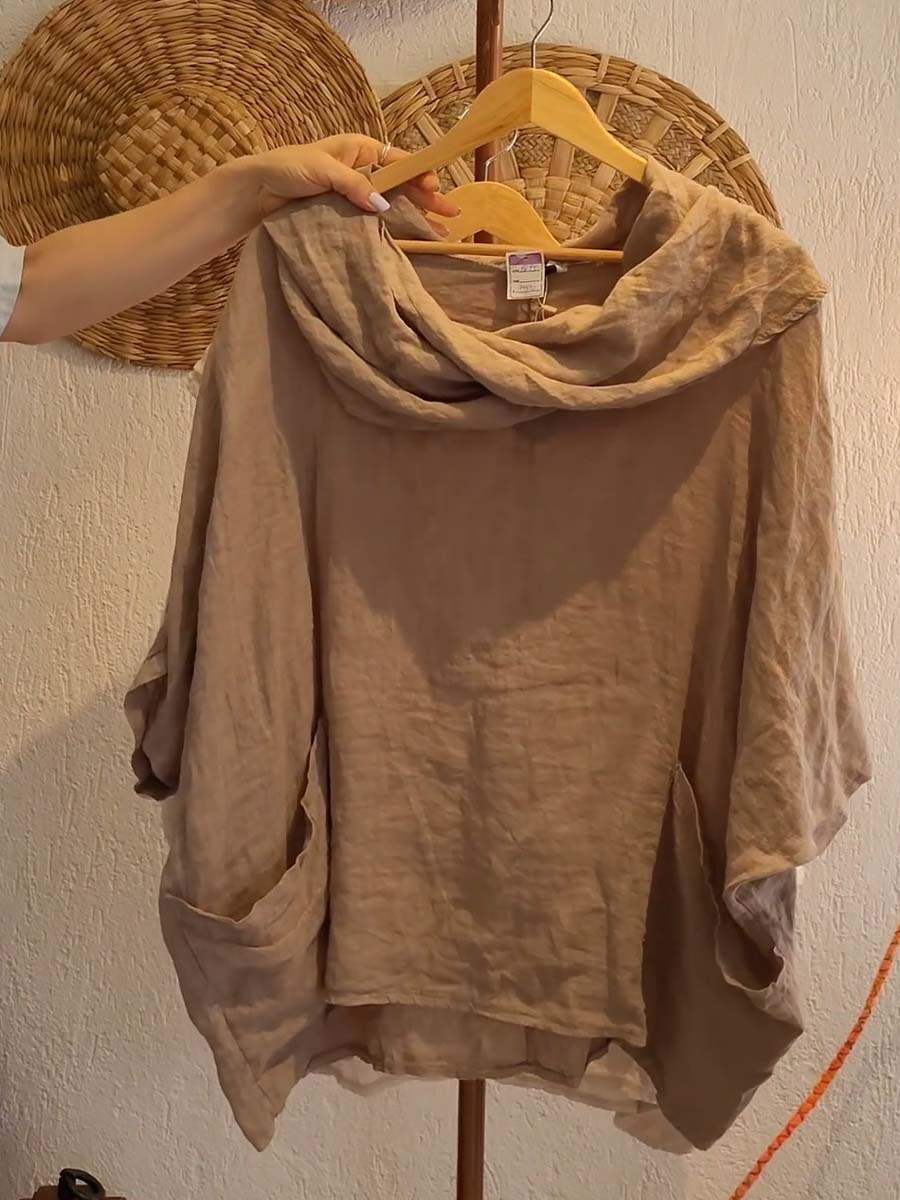 🔥Summer Arrivals🌟Women's Solid Color Draped Neck 3/4 Sleeve Comfortable Casual Linen Pocket Top