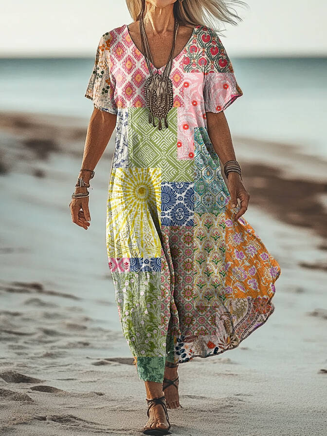 Women's Vintage Floral Patchwork Art Print Pocket Cotton Dress