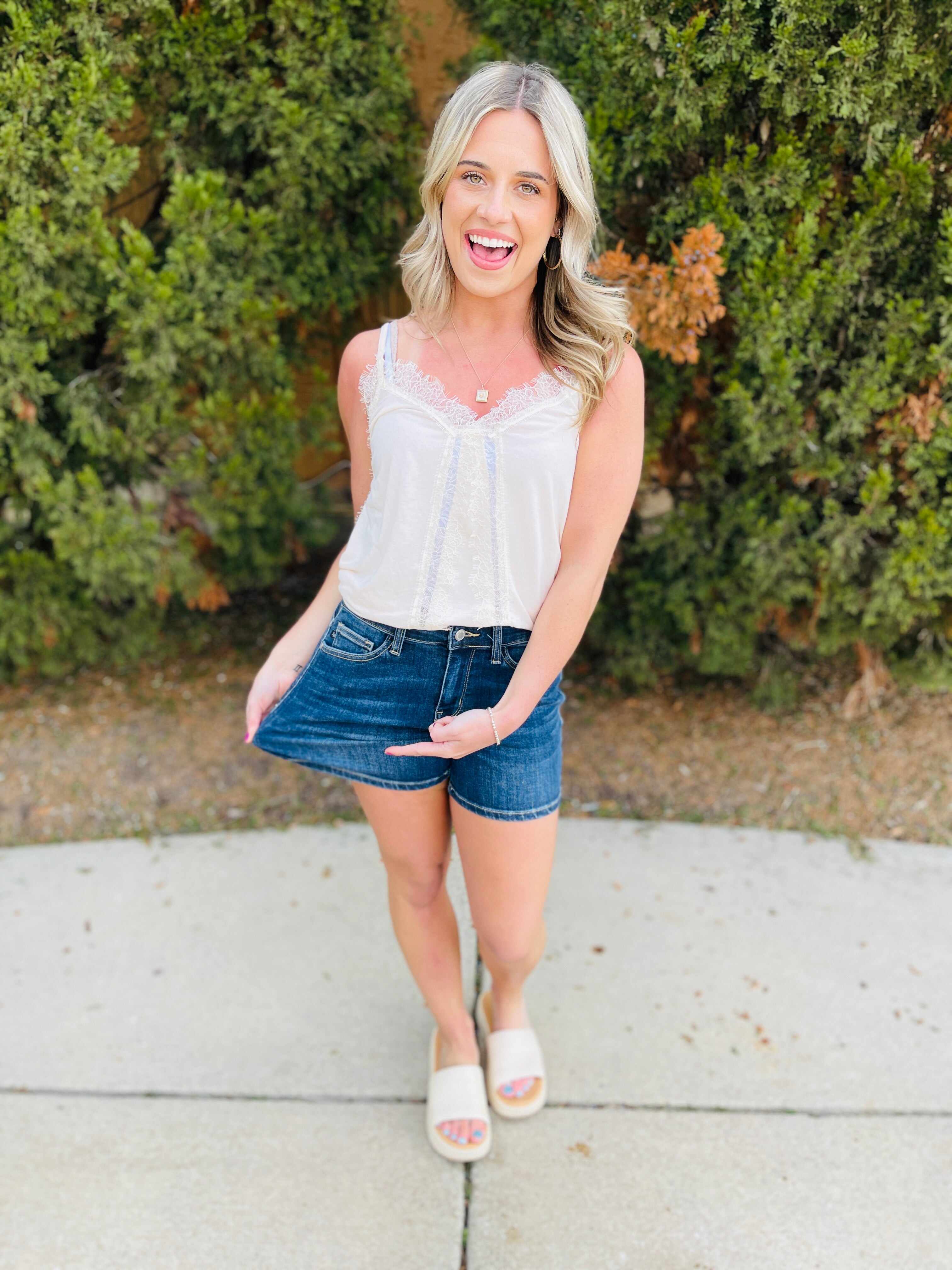 Plus/Reg Sweet Summertime Mid Rise Dark Wash Shorts