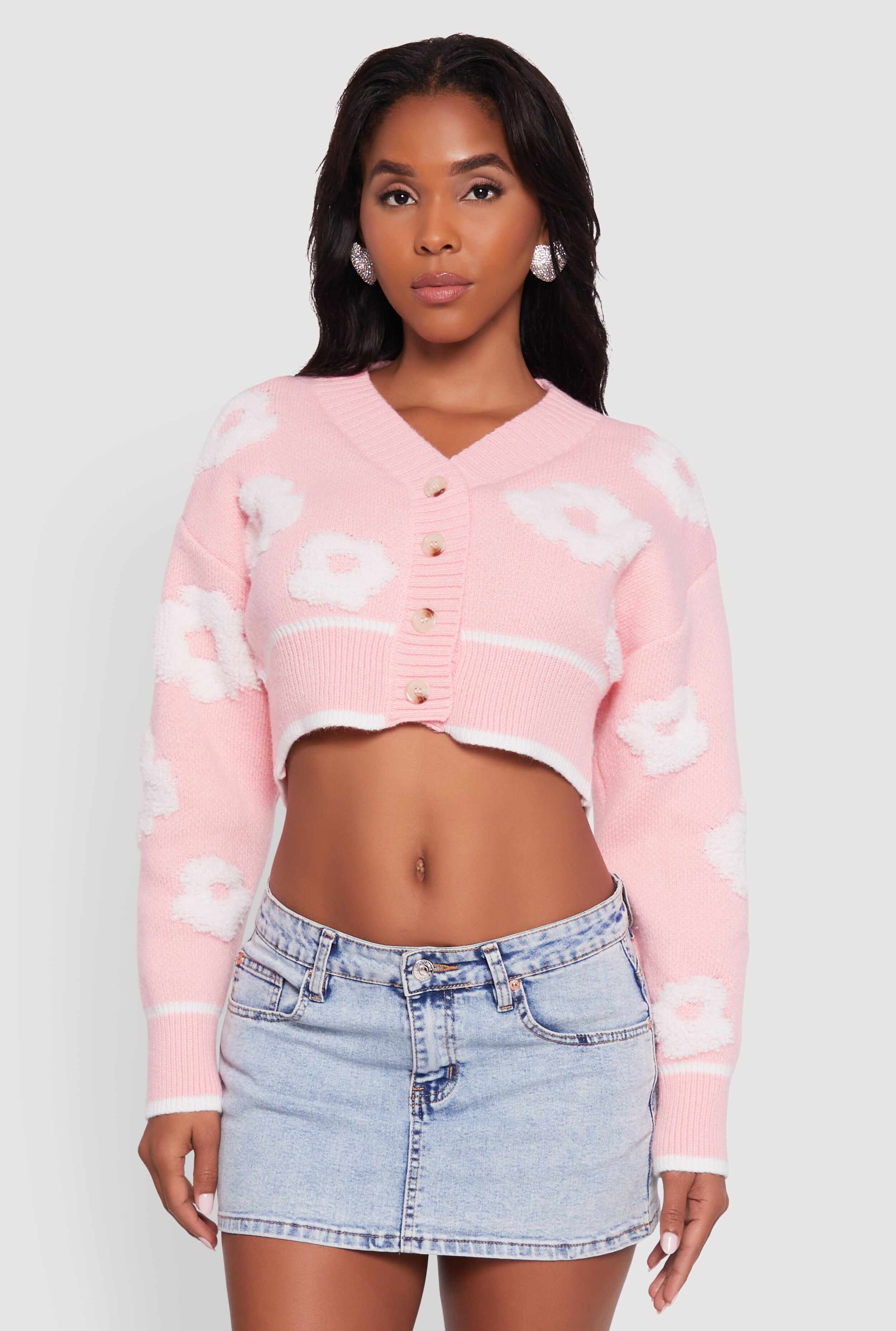 Chenille Floral Brushed Knit Cropped Cardigan