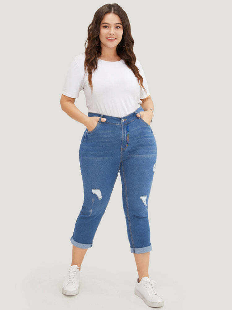 Very Stretchy  Dark Wash Roll Hem Cropped Jeans