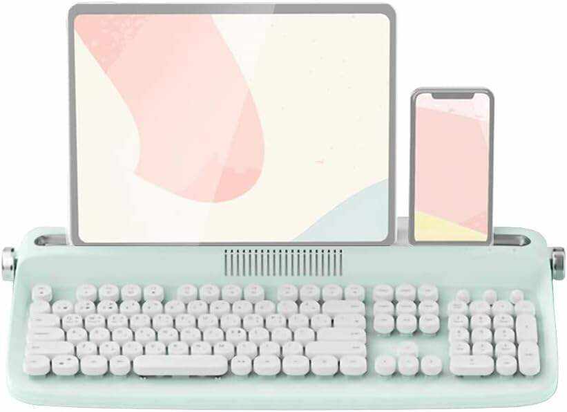 Typewriter Keyboard Wireless Bluetooth 5.0 Retro Aesthetic Cute Kawaii Round Keycaps 106-Key with Num Pad Clicky Mechanical Feeling with Pad/Phone Holder for Windows/Mac OS/Android/iOS (Mint)
