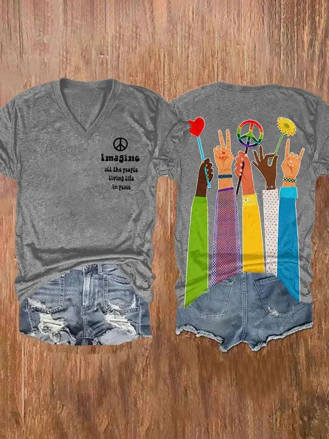 V-neck Retro Hippie Imagine All The People Living Life In Peace Print Shirt