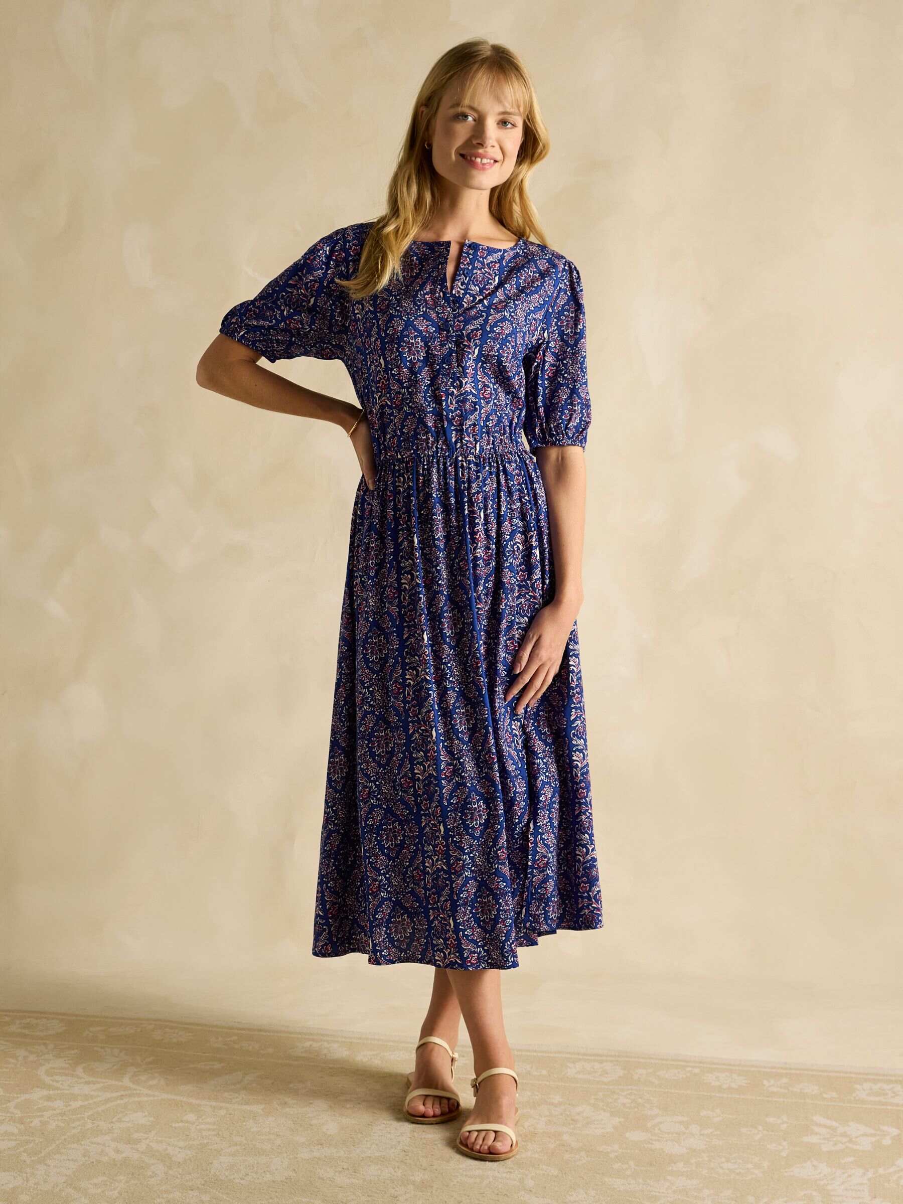 Adele Blue Crew Neck Elbow Length Sleeve Midi Dress